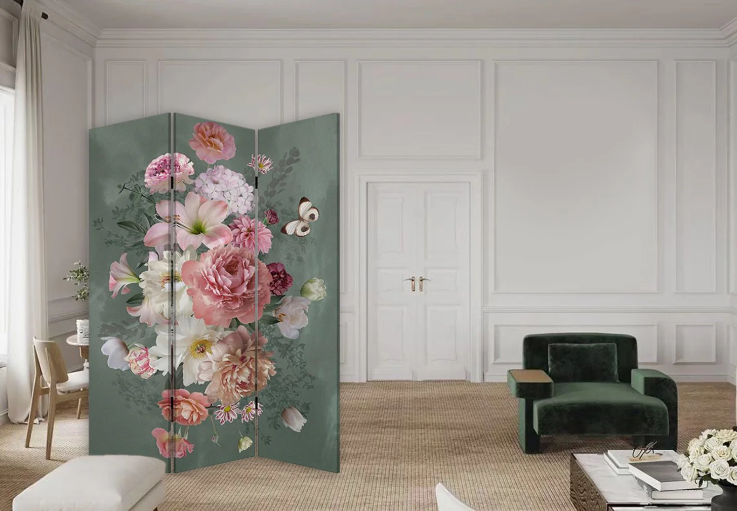 Romantic Floral Three Panel Room Divider Screen By Homeroots - Image 5