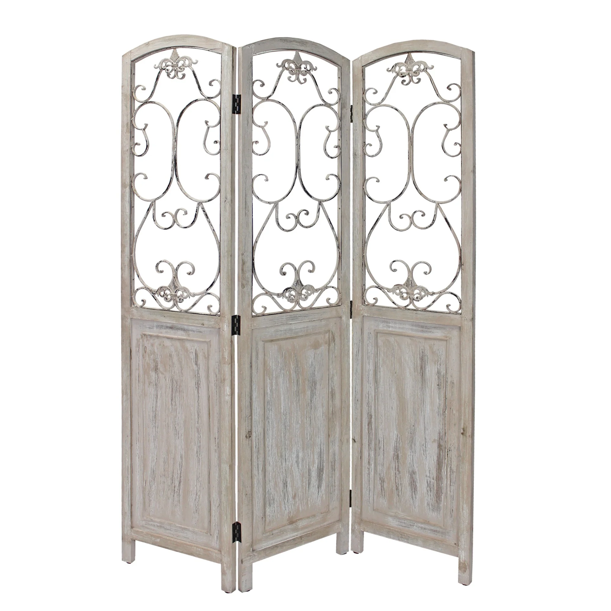 Romantic Whitewashed Scroll Three Panel Room Divider Screen By Homeroots - Image 2