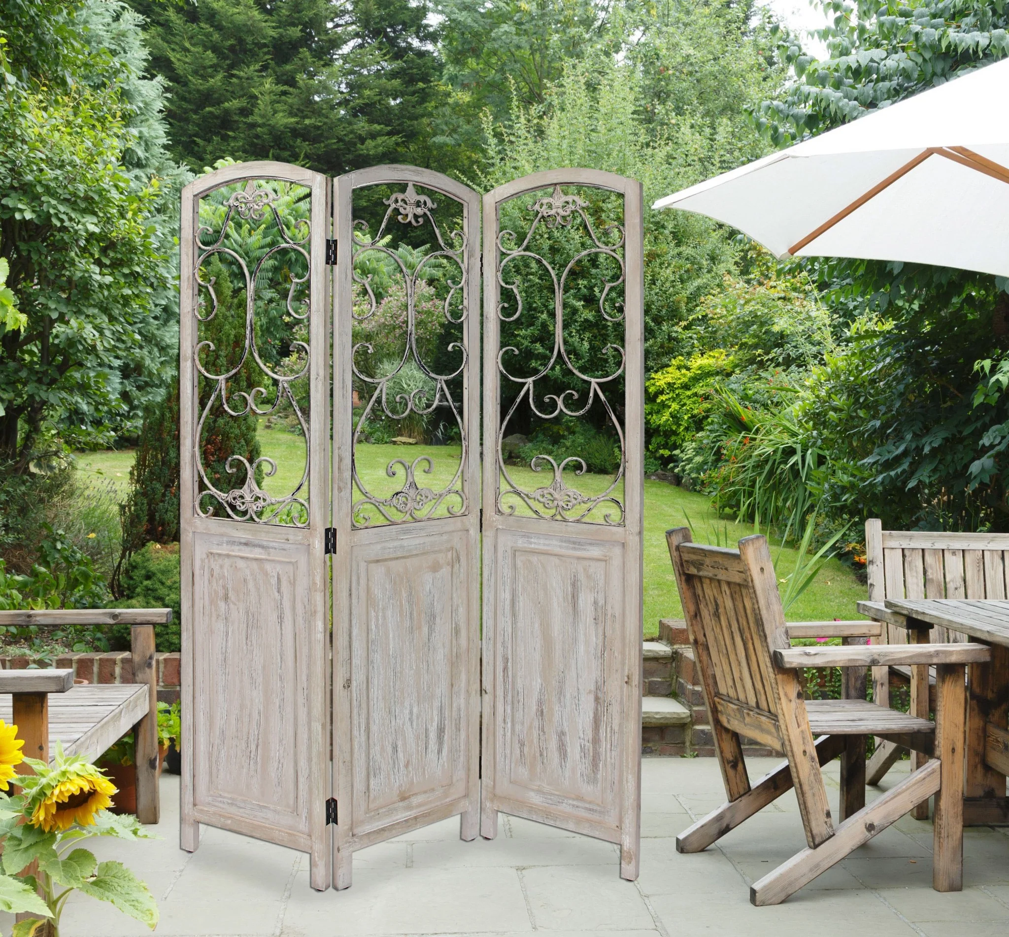 Romantic Whitewashed Scroll Three Panel Room Divider Screen By Homeroots - Image 3