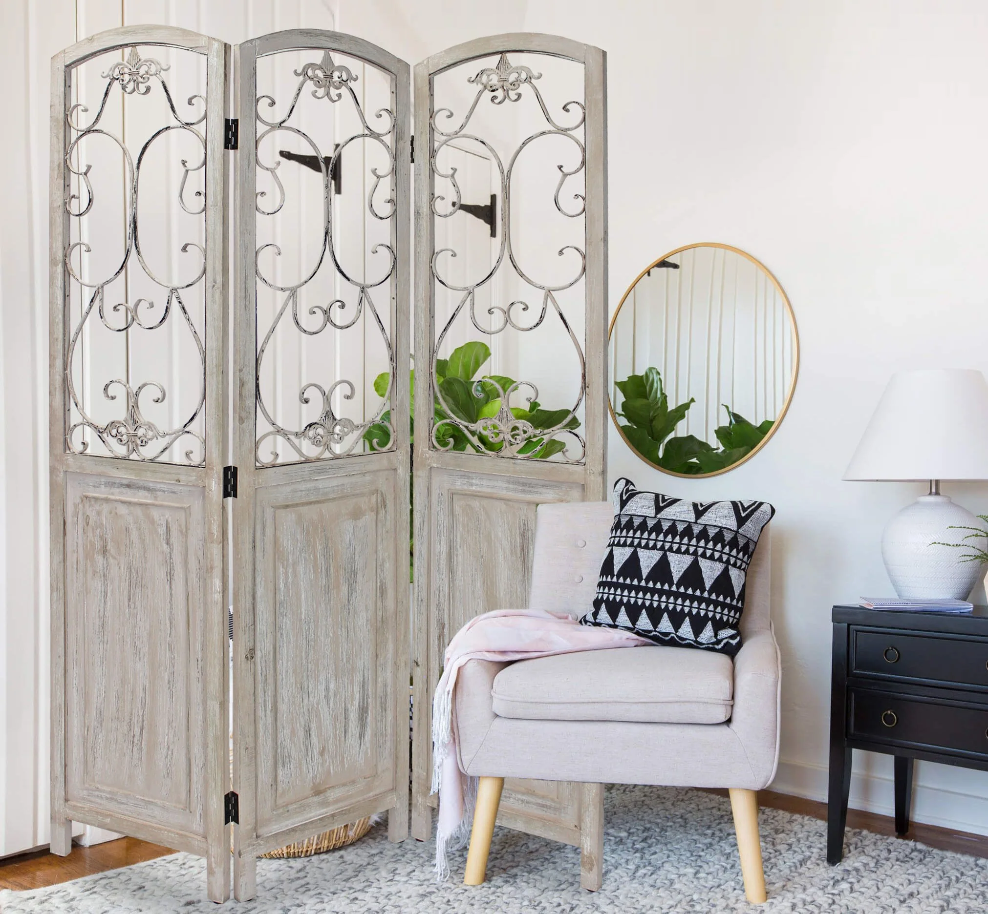 Romantic Whitewashed Scroll Three Panel Room Divider Screen By Homeroots - Image 4