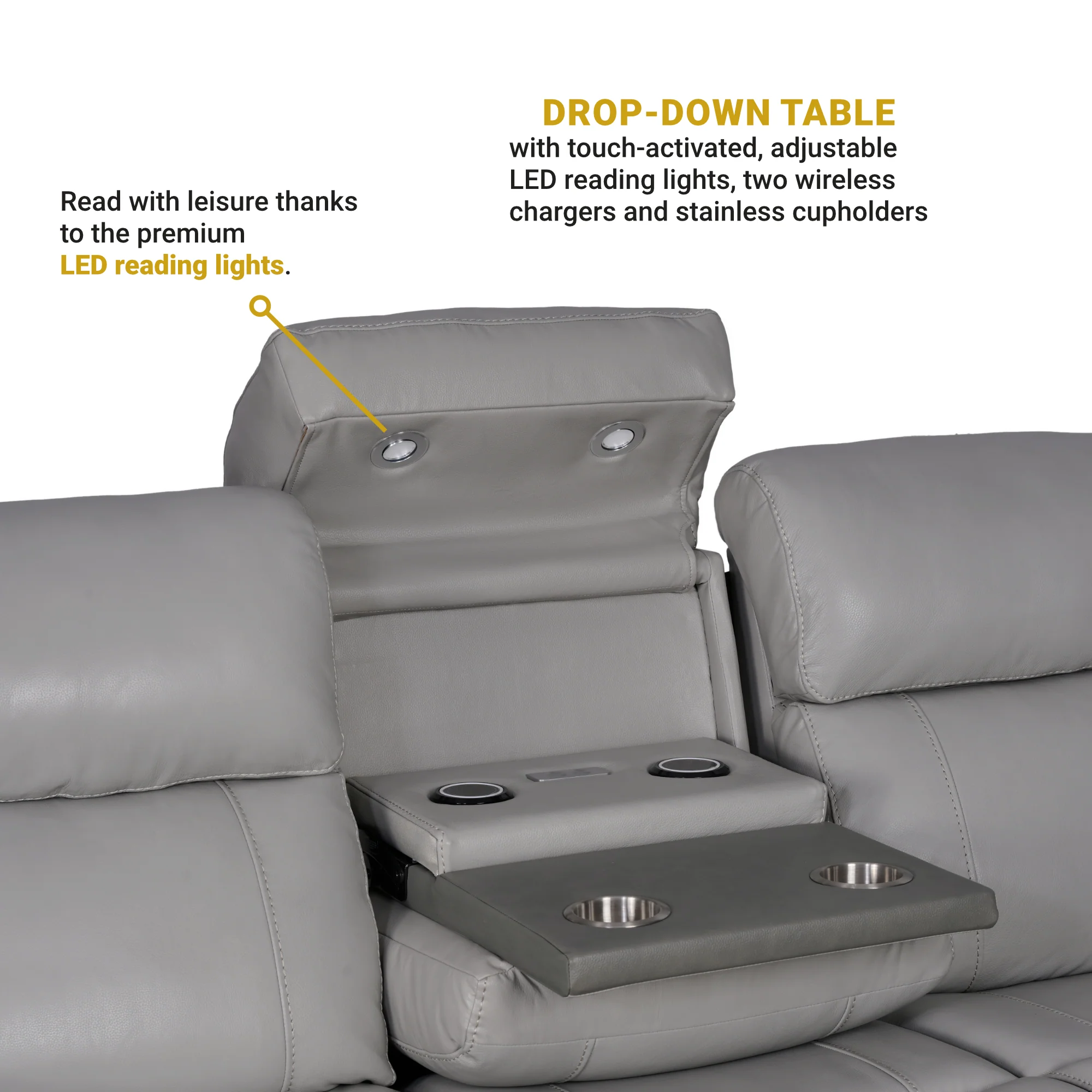 Rosalyn 87" Zero Gravity Power Reclining Sofa with Dropdown Console in Silver and Gray Leather By Armen Living - Image 9