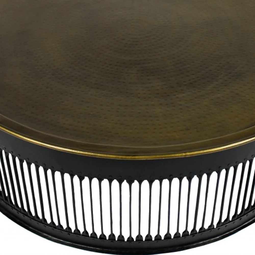 Round Black Drum Shaped Brass Coffee Table By Homeroots - Image 2