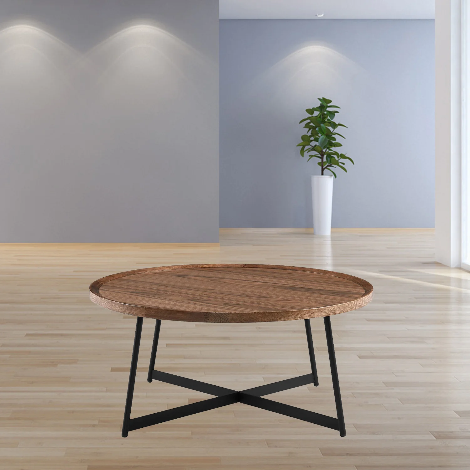 Round Coffee Table in American Walnut and Black By Homeroots - Image 3