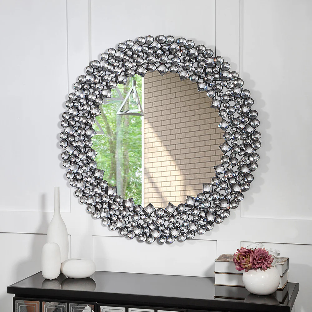 Round Diamond Jeweled Wall Mirror By Homeroots - Image 3