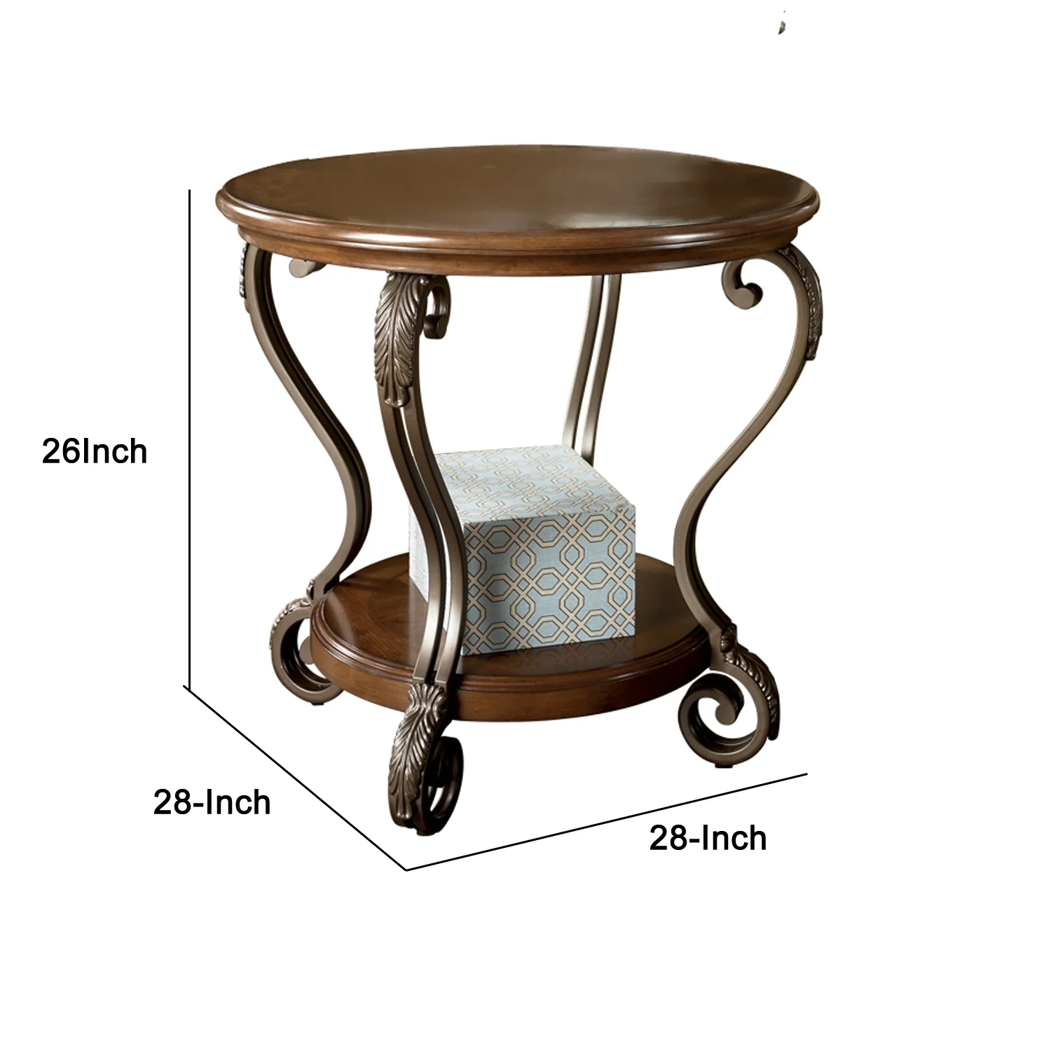 Round End Table With A Bottom Shelf And Designed Curvy Legs, Brown By Benzara - Image 6