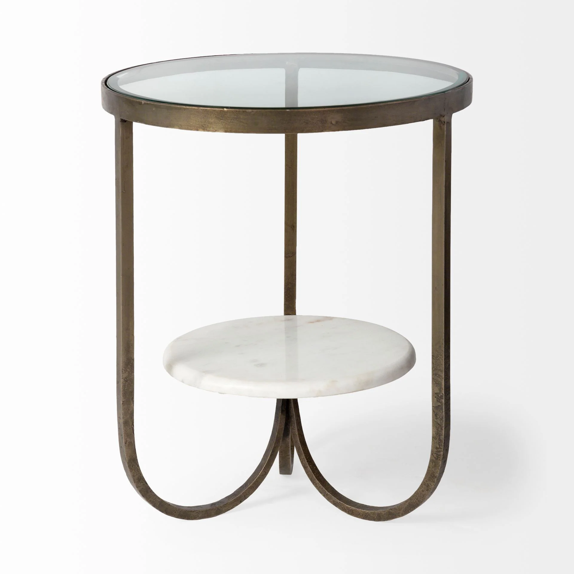 Round Glass Top Metal Side Table with Marble Shelf on Bottom By Homeroots - Image 2