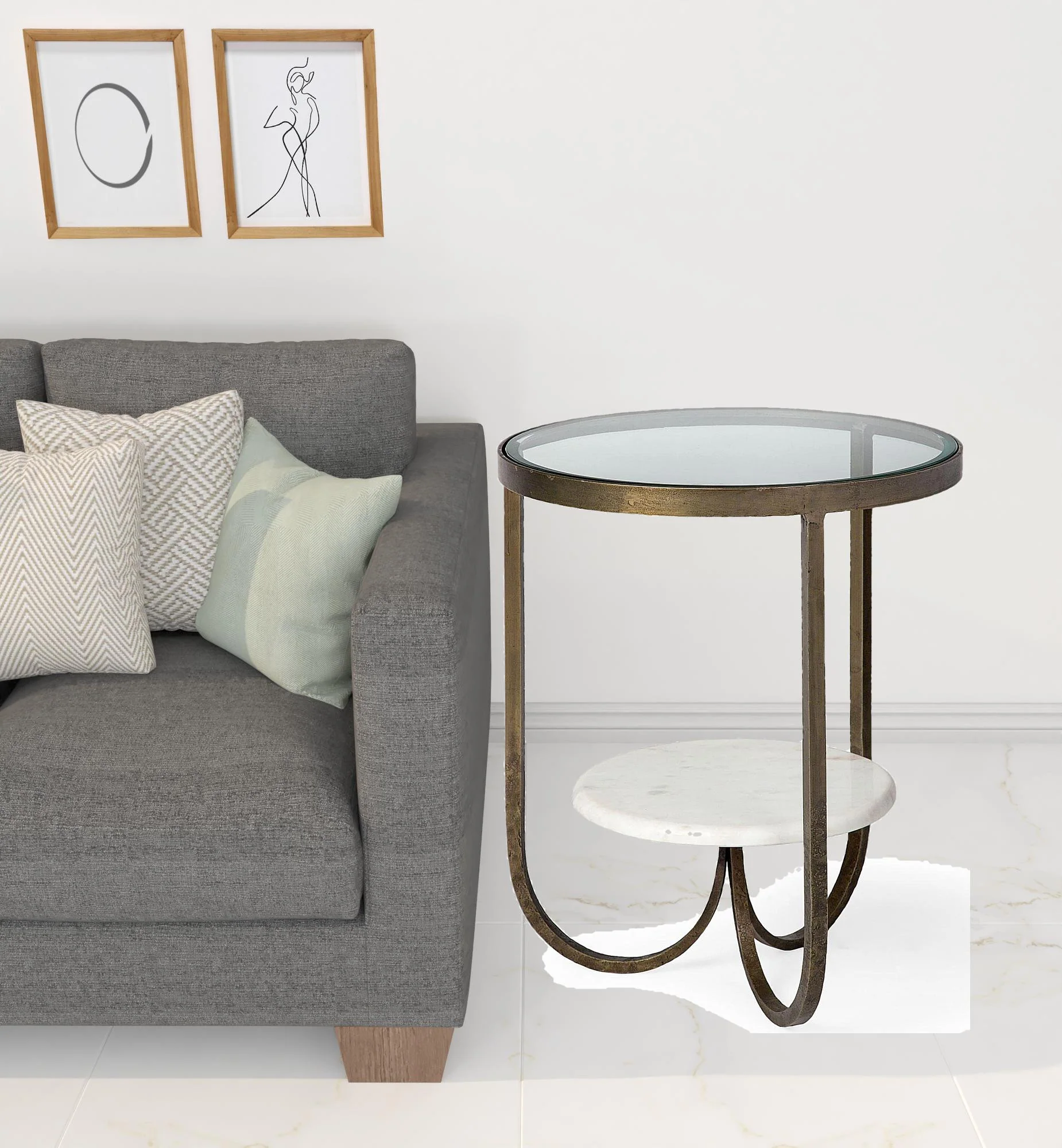 Round Glass Top Metal Side Table with Marble Shelf on Bottom By Homeroots - Image 3