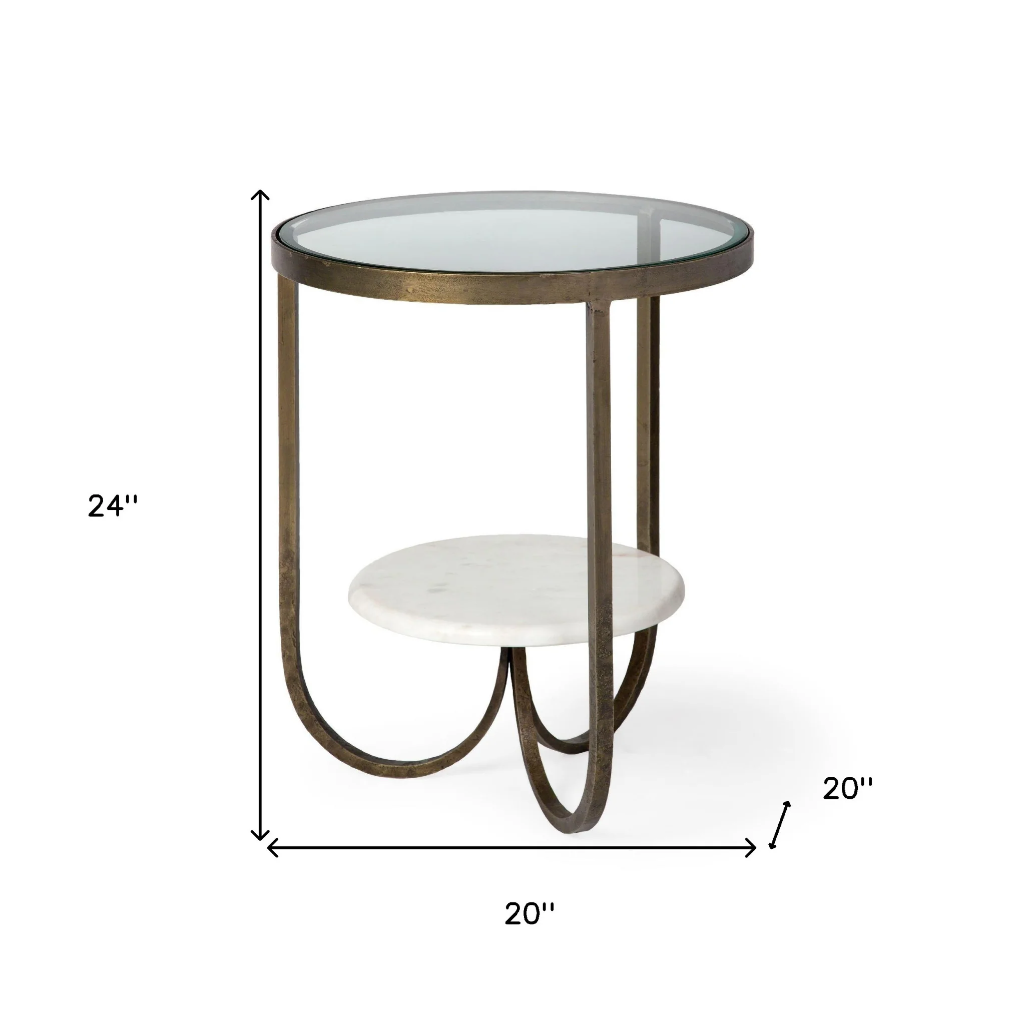 Round Glass Top Metal Side Table with Marble Shelf on Bottom By Homeroots - Image 7