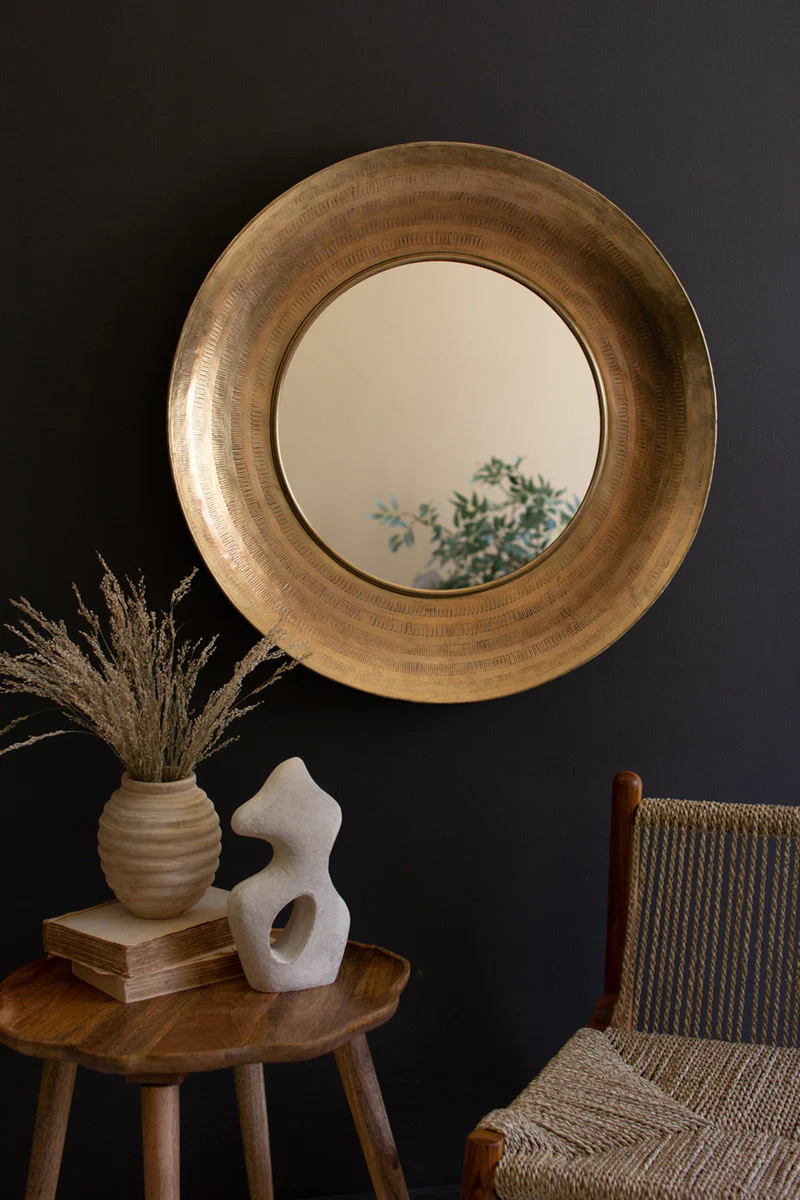 Round Hand Hammered Antique Brass Frame With Mirror By Kalalou - Image 4