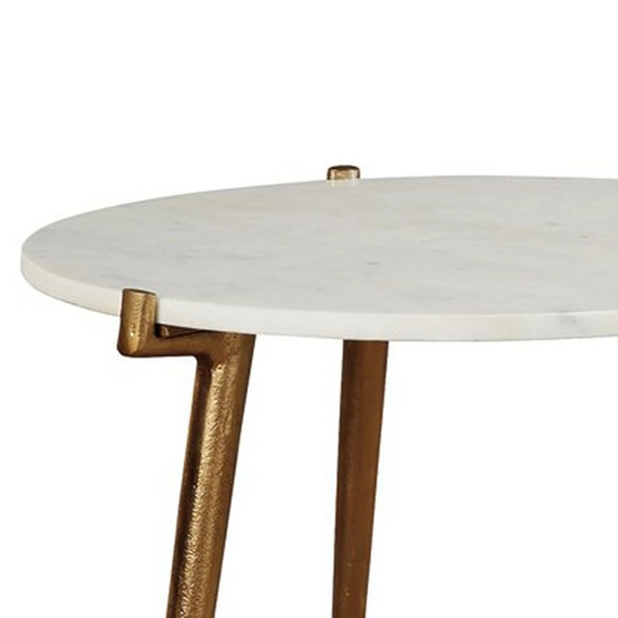Round Marble Top  Accent Table With Angled Metal Legs Gold And White By Benzara - Image 4