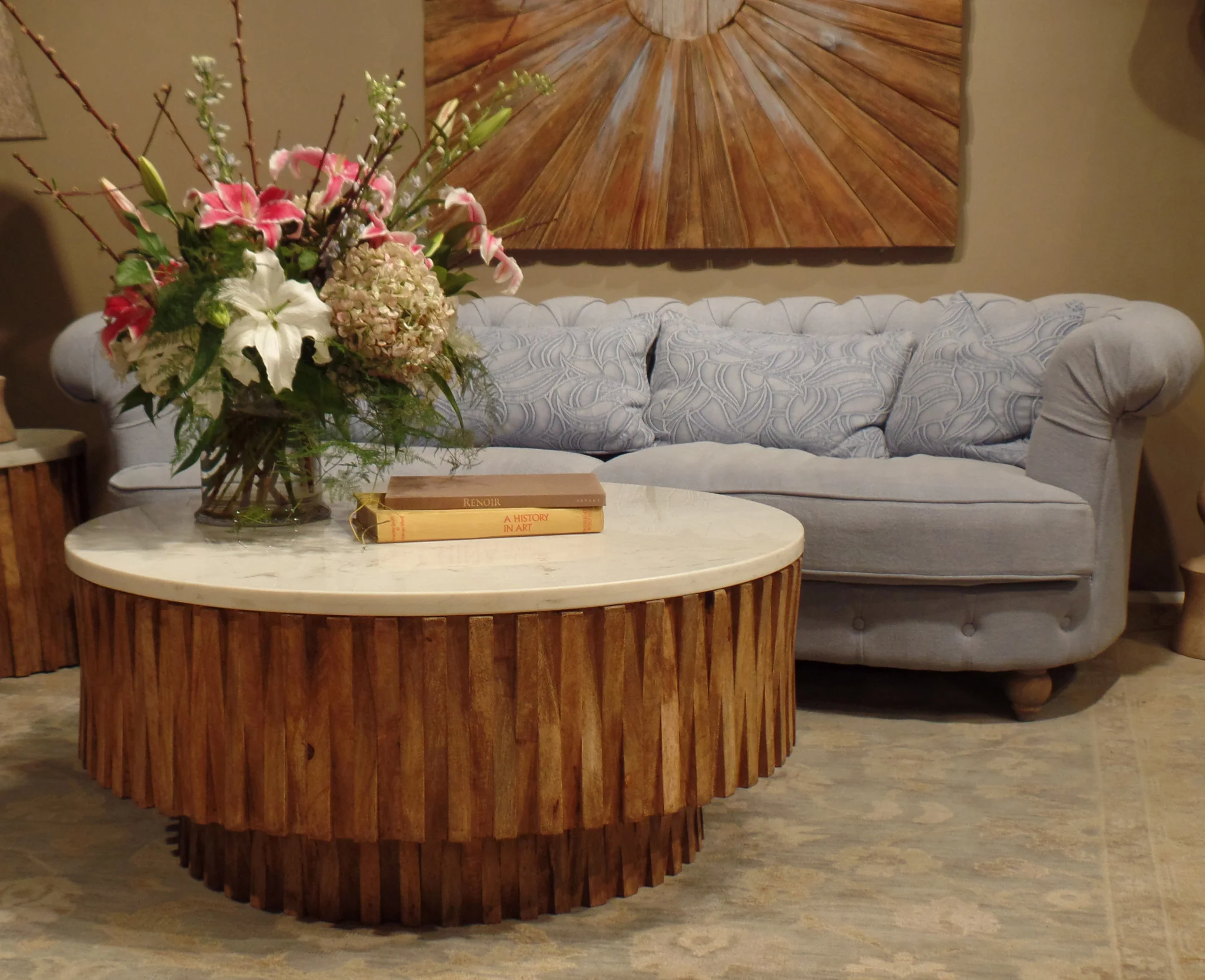 Round Marble Top and Wooden Strips Coffee Table By Homeroots - Image 4