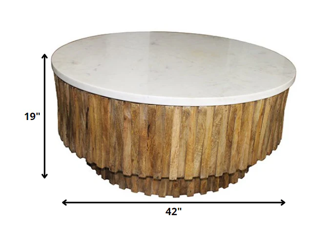 Round Marble Top and Wooden Strips Coffee Table By Homeroots - Image 5