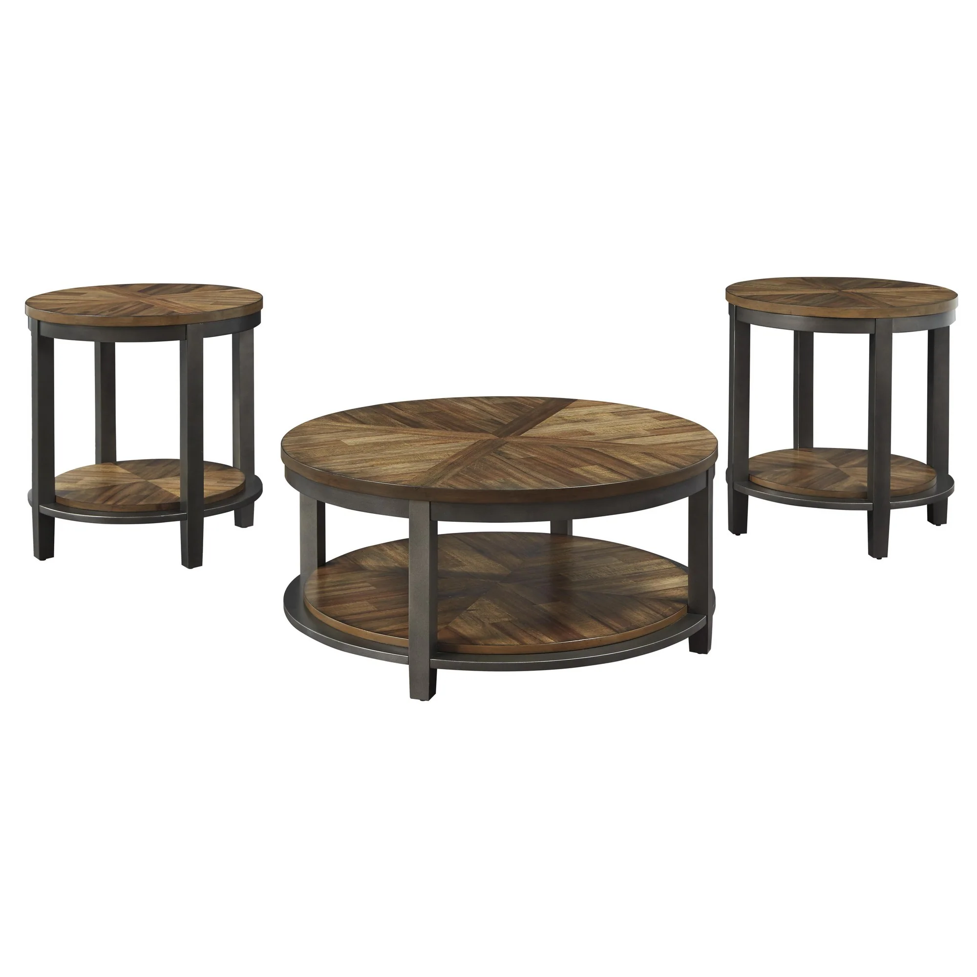 Round Metal Frame Table Set With Wooden Top And Open Bottom Shelf, Brown By Benzara - Image 2