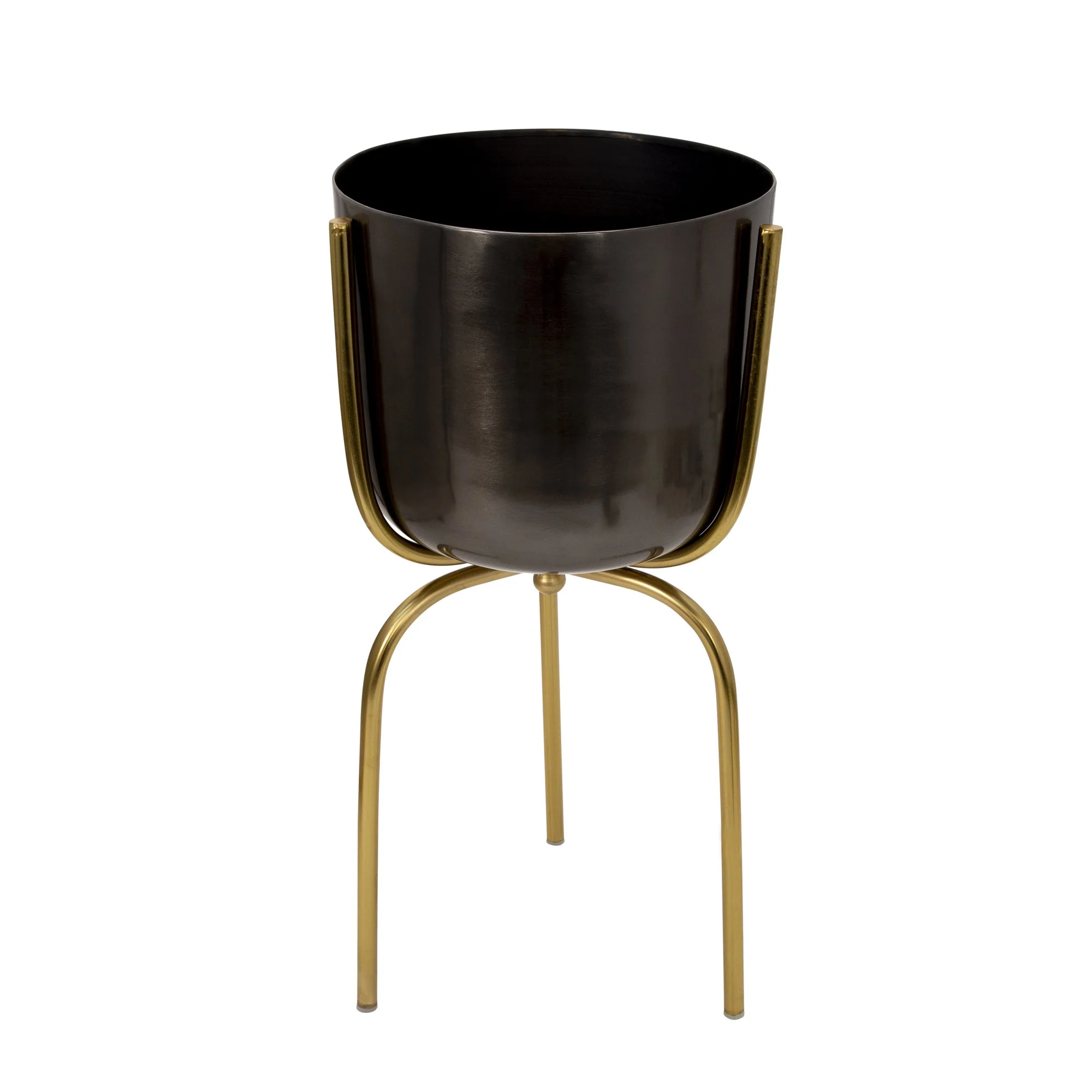 Round Metal Planter with Tripod Base, Large, Silver and Gold By Benzara - Image 2