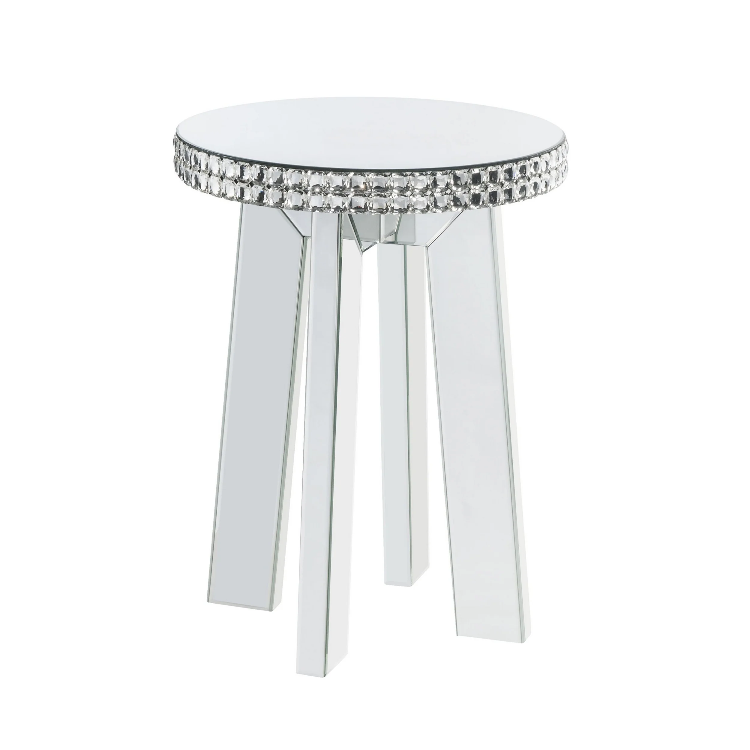 Round Mirror Panel Inlay End Table With Faux Crystals Accents, Silver By Benzara - Image 2