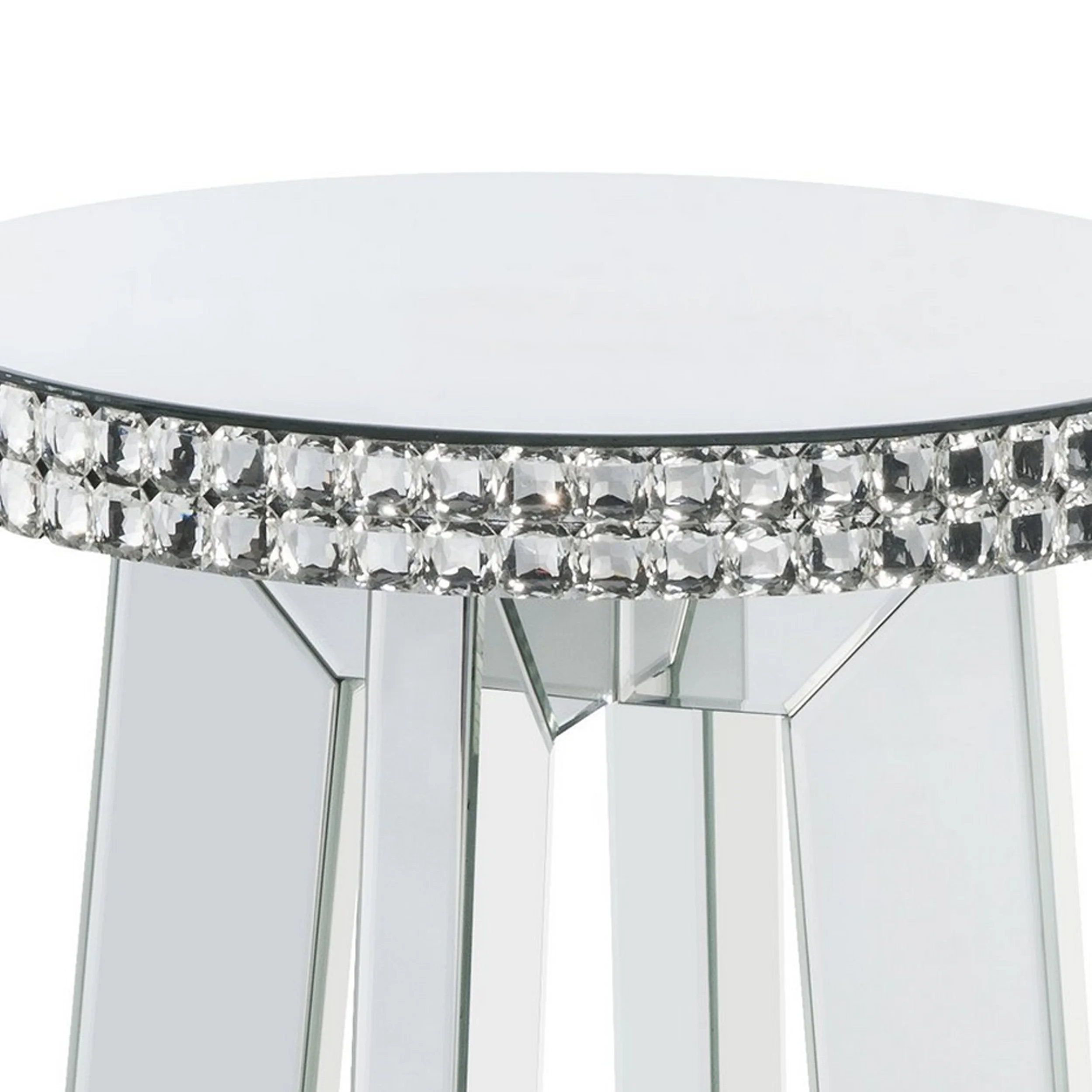 Round Mirror Panel Inlay End Table With Faux Crystals Accents, Silver By Benzara - Image 3