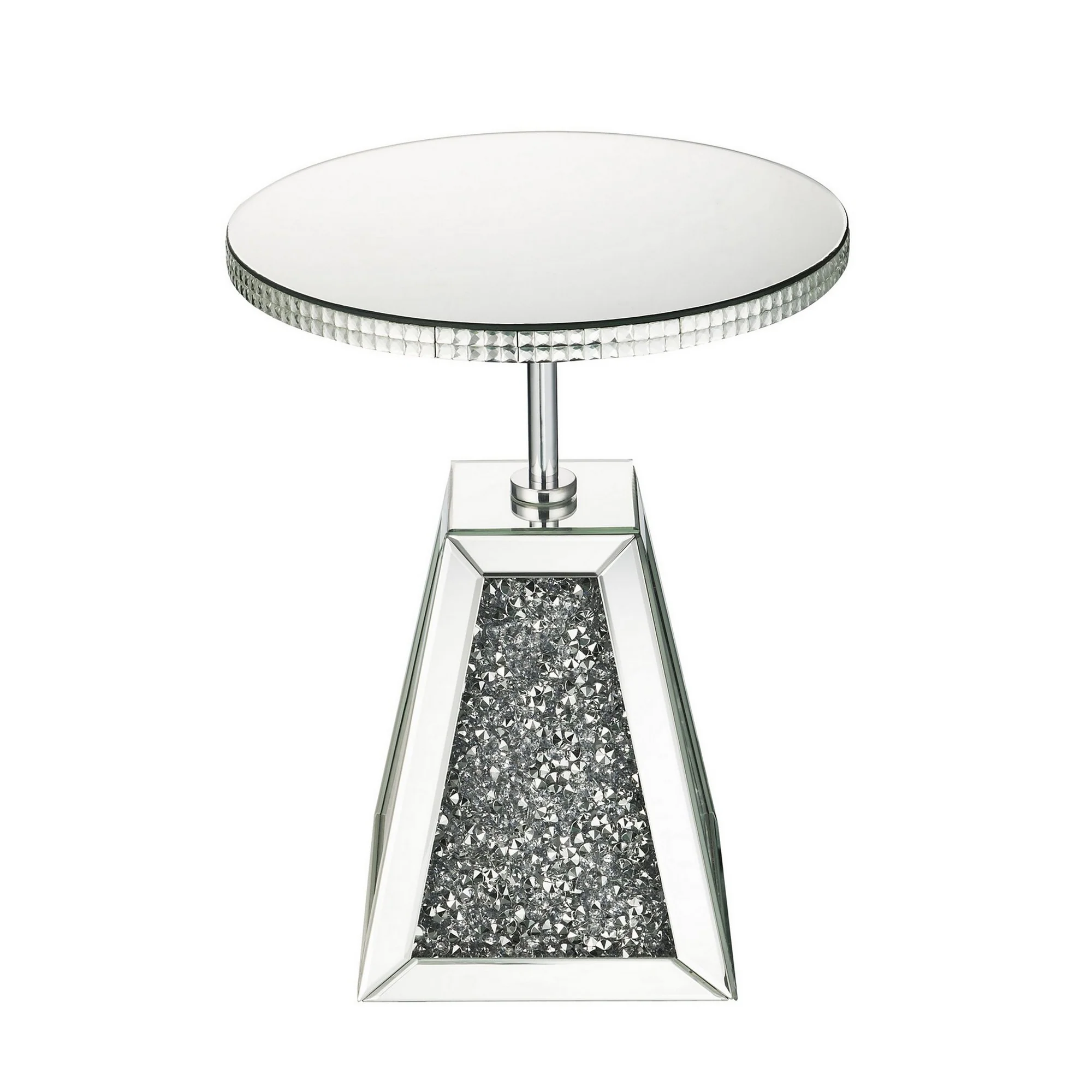Round Mirrored Accent Table with Pedestal Base and Glass Top, Silver By Benzara - Image 2