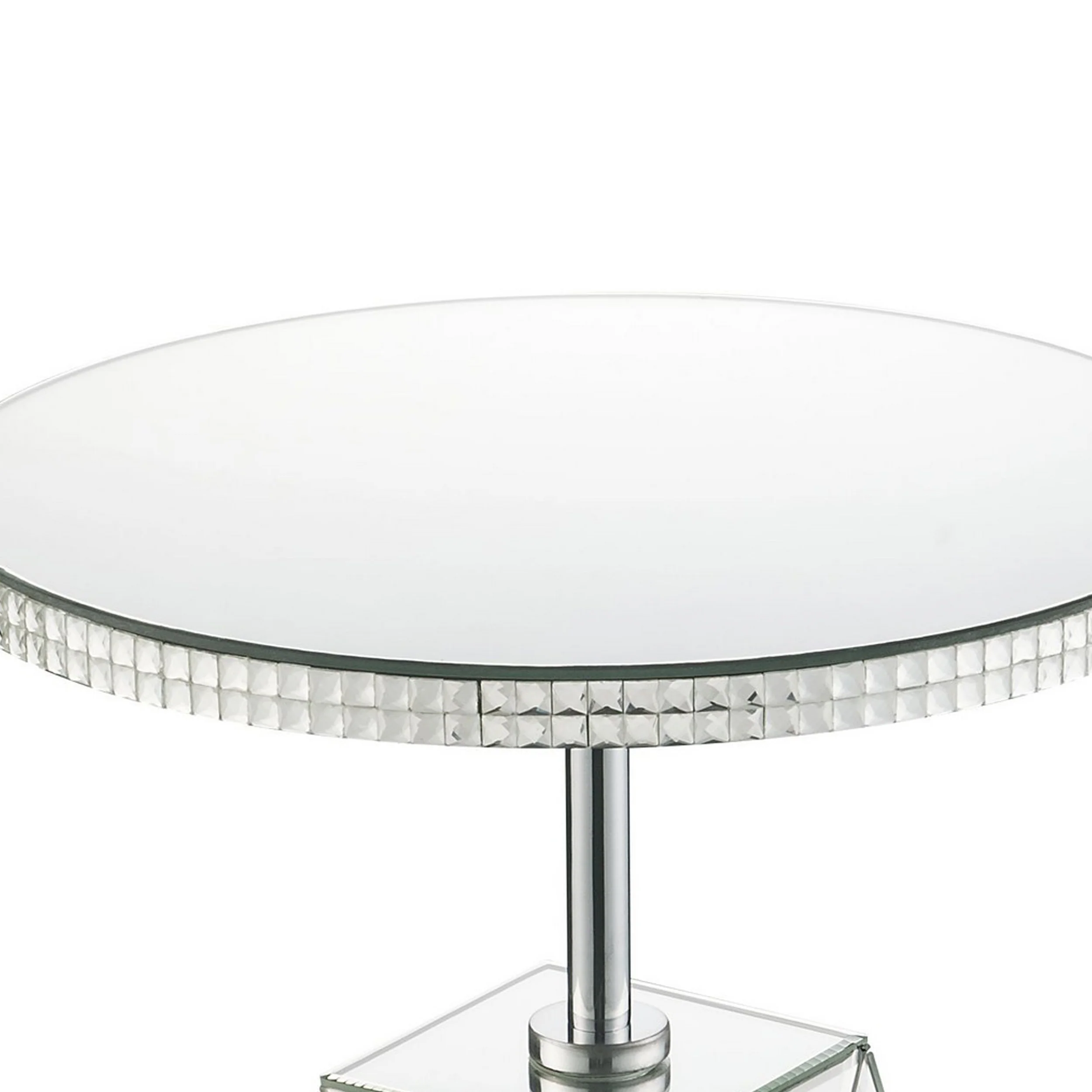 Round Mirrored Accent Table with Pedestal Base and Glass Top, Silver By Benzara - Image 3