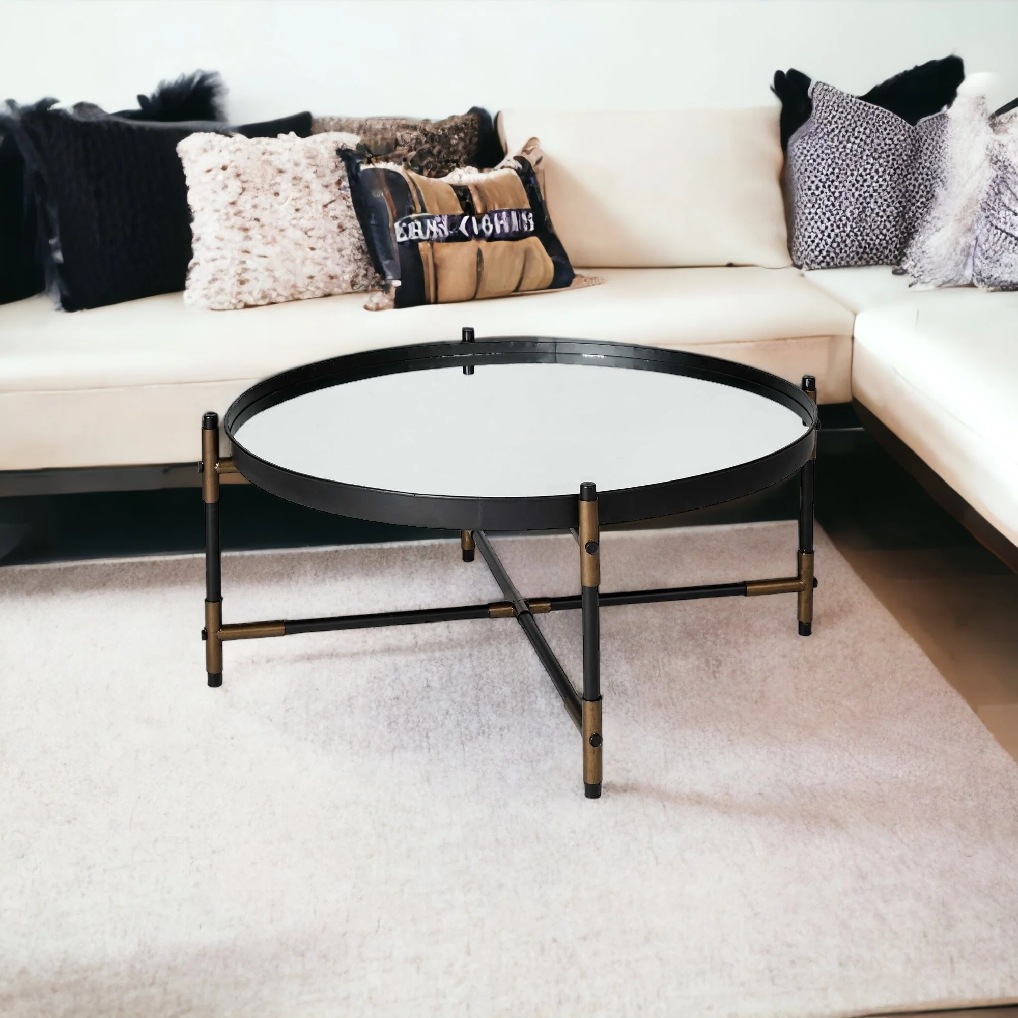 Round Mirrored Top Accent Table with Black and Brass Metal Base By Homeroots - Image 4