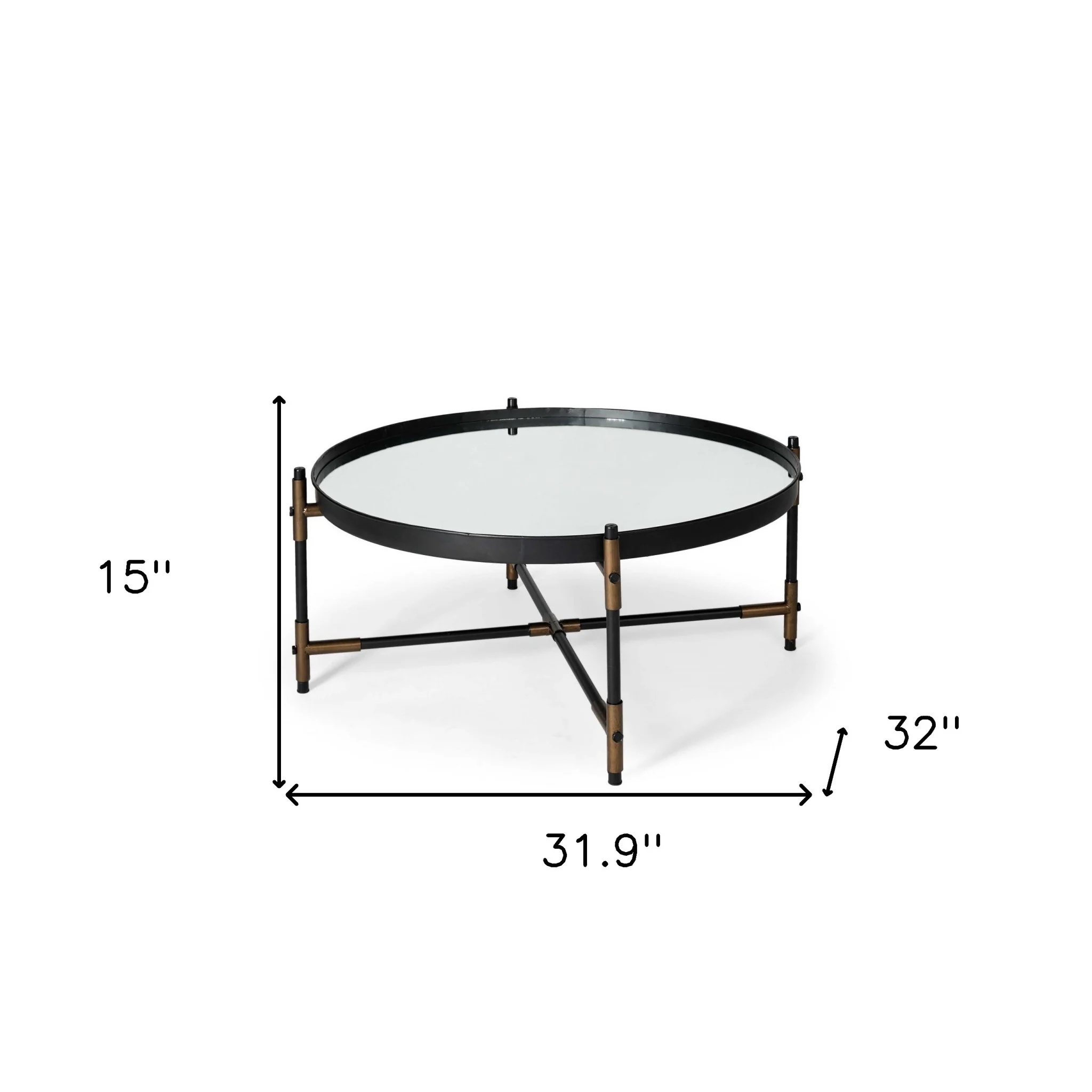 Round Mirrored Top Accent Table with Black and Brass Metal Base By Homeroots - Image 7
