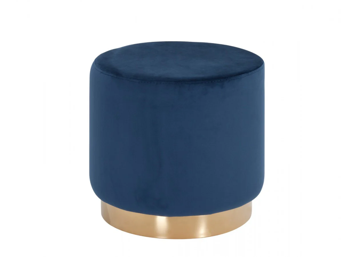 Round Modern Blue Velvet Ottoman with Gold Base By Homeroots - Image 2