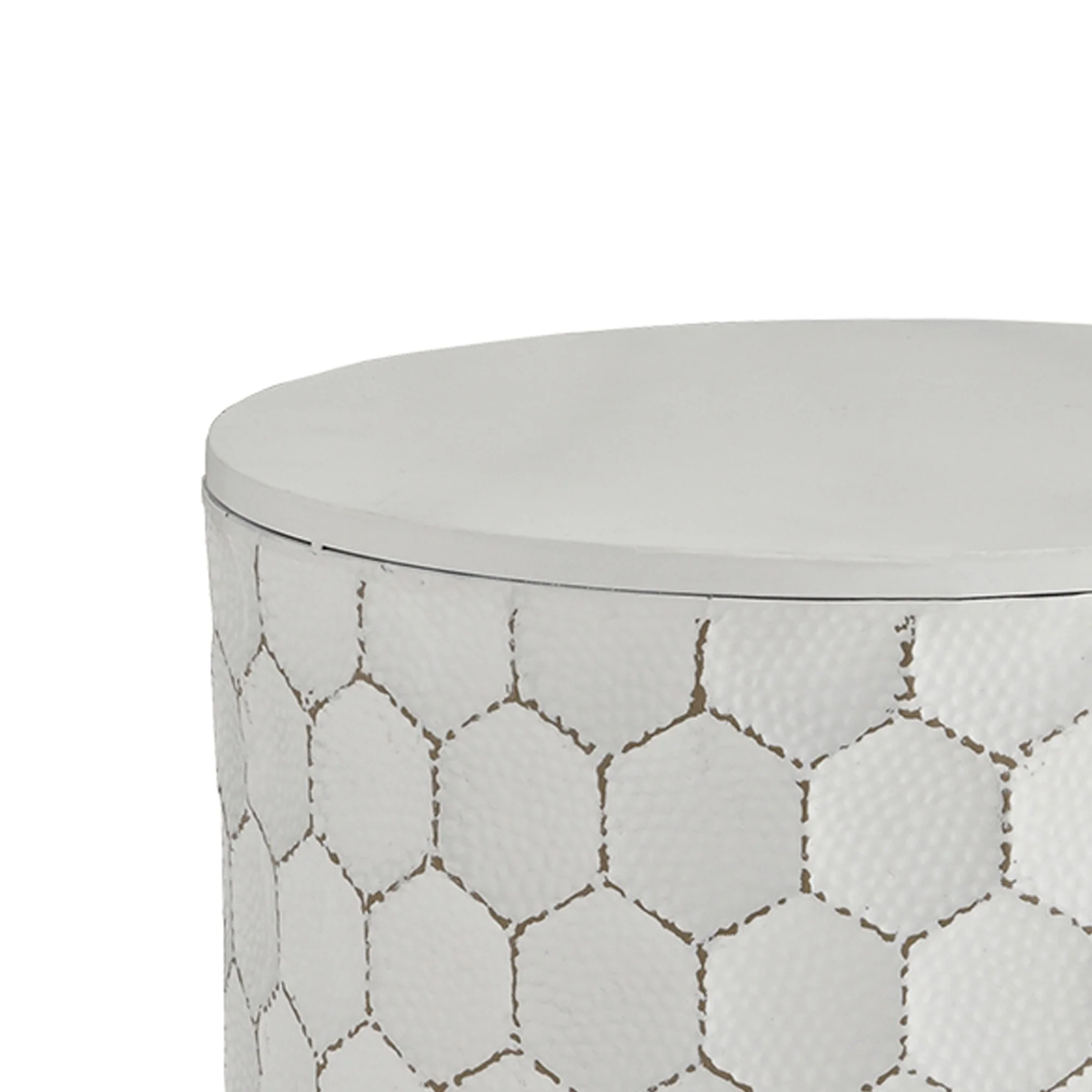 Round Shaped Metal Accent Stool With Honeycomb Pattern White By Benzara - Image 4