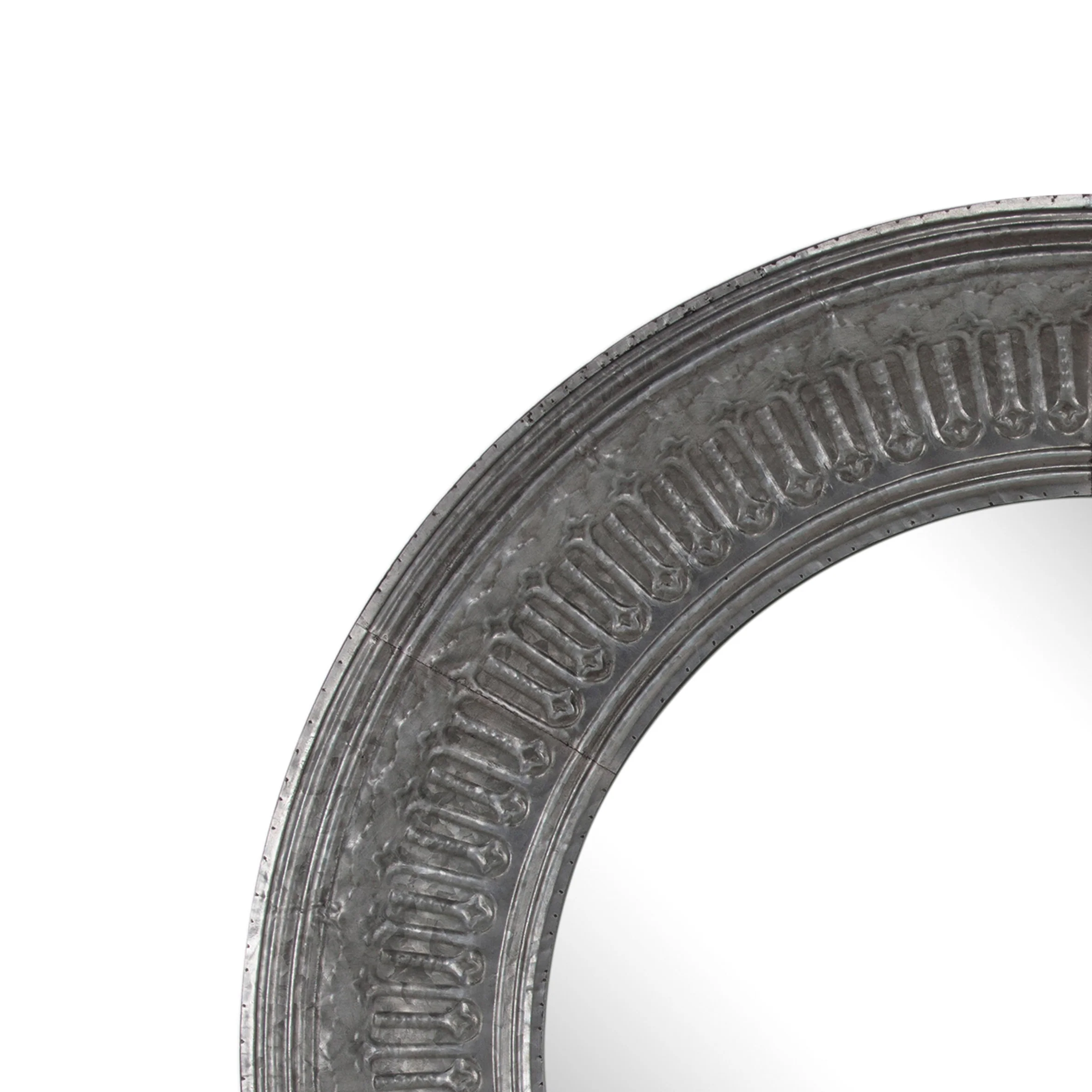 Round Wall Mirror with Thick Embossed Metal Border, Antique Gray By Benzara - Image 2