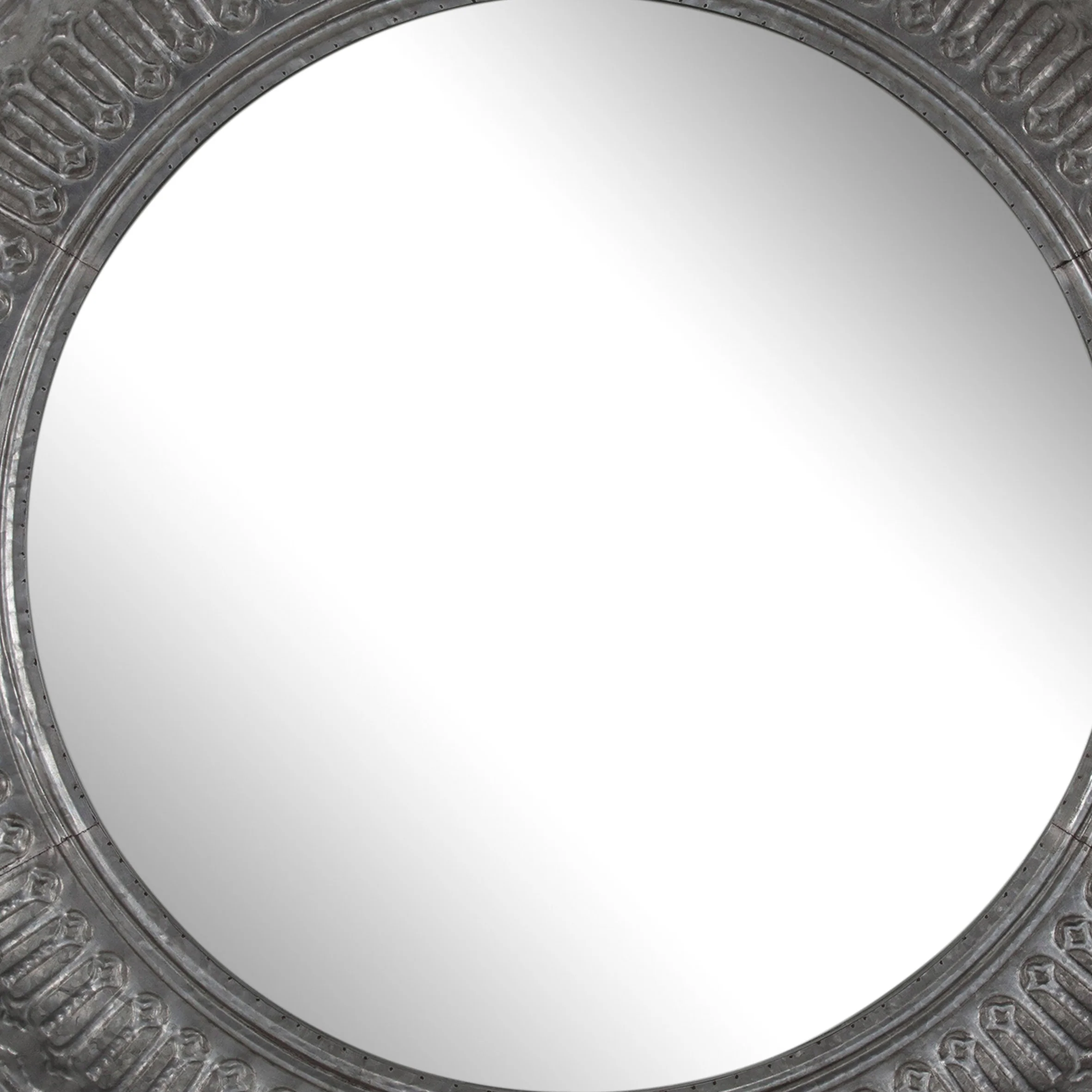 Round Wall Mirror with Thick Embossed Metal Border, Antique Gray By Benzara - Image 3