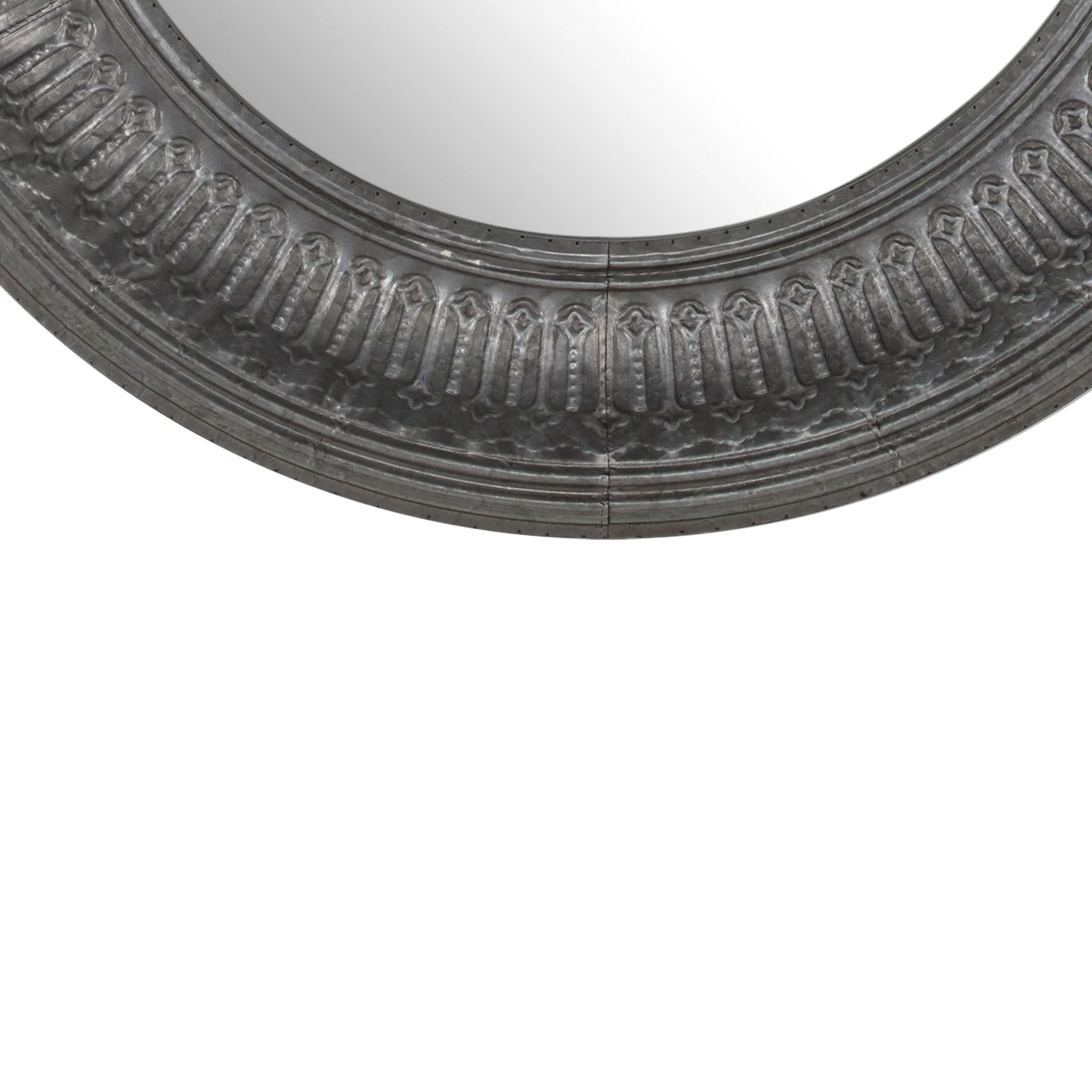 Round Wall Mirror with Thick Embossed Metal Border, Antique Gray By Benzara - Image 4