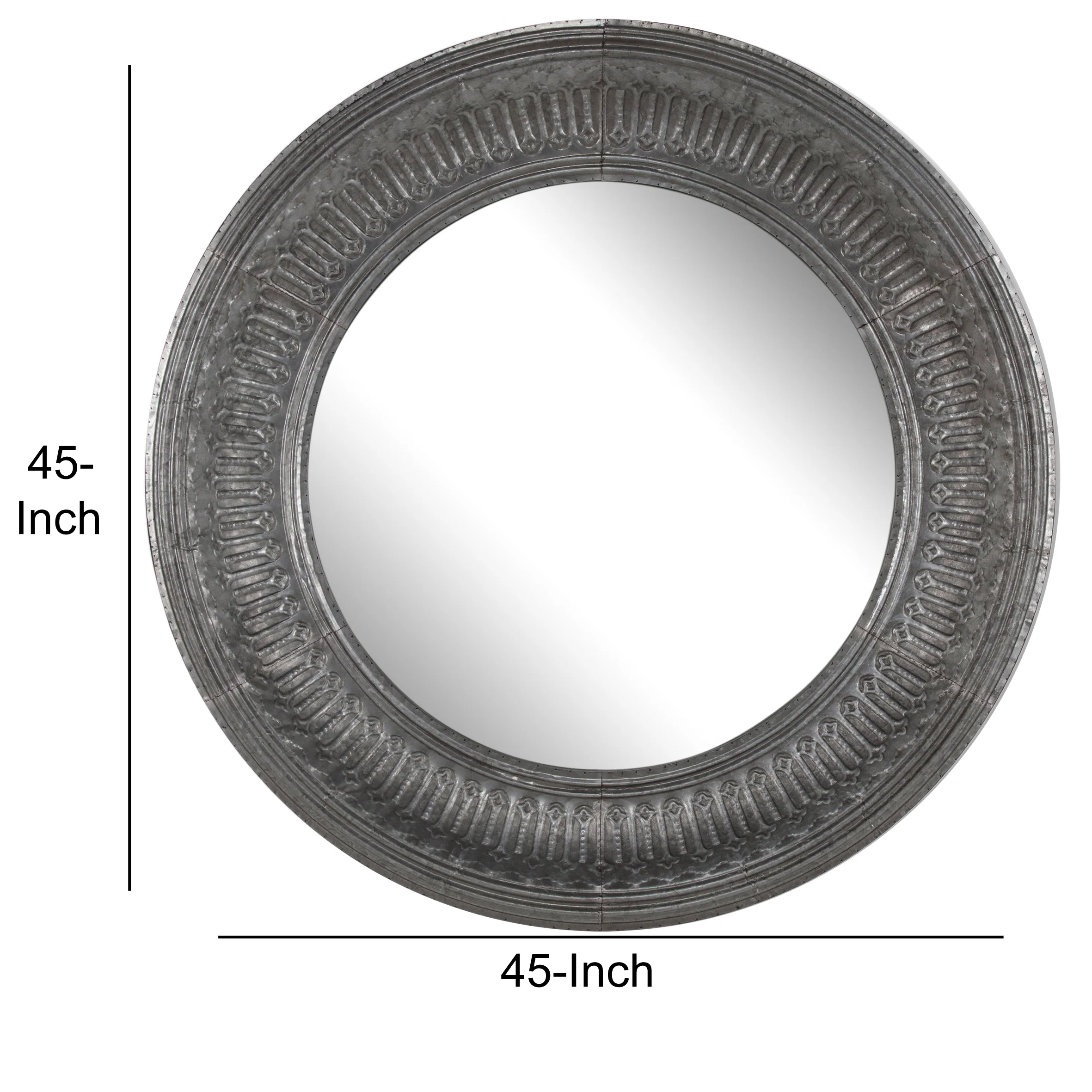 Round Wall Mirror with Thick Embossed Metal Border, Antique Gray By Benzara - Image 5