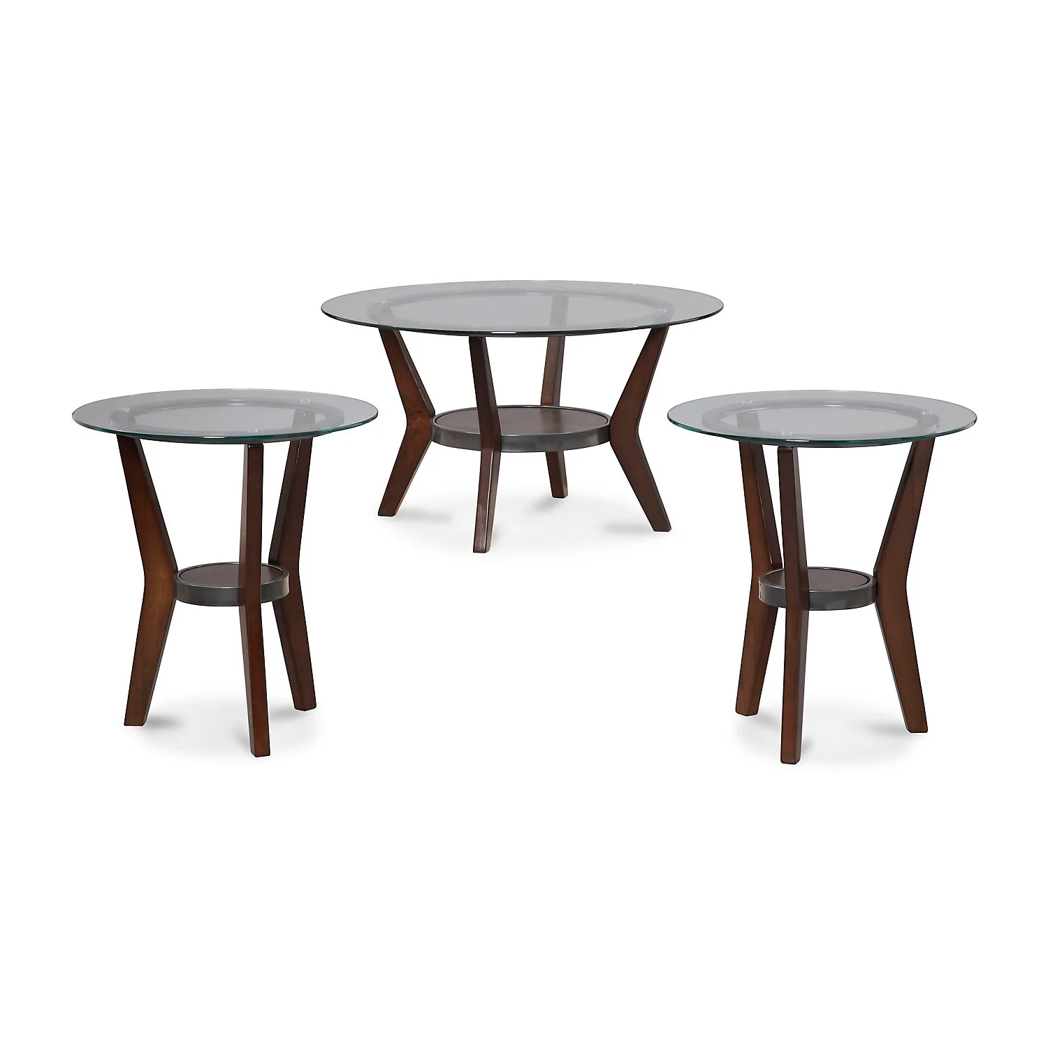 Round Wooden Table Set With Glass Top And Lower Shelf, Set Of Three, Brown And Clear By Benzara - Image 2