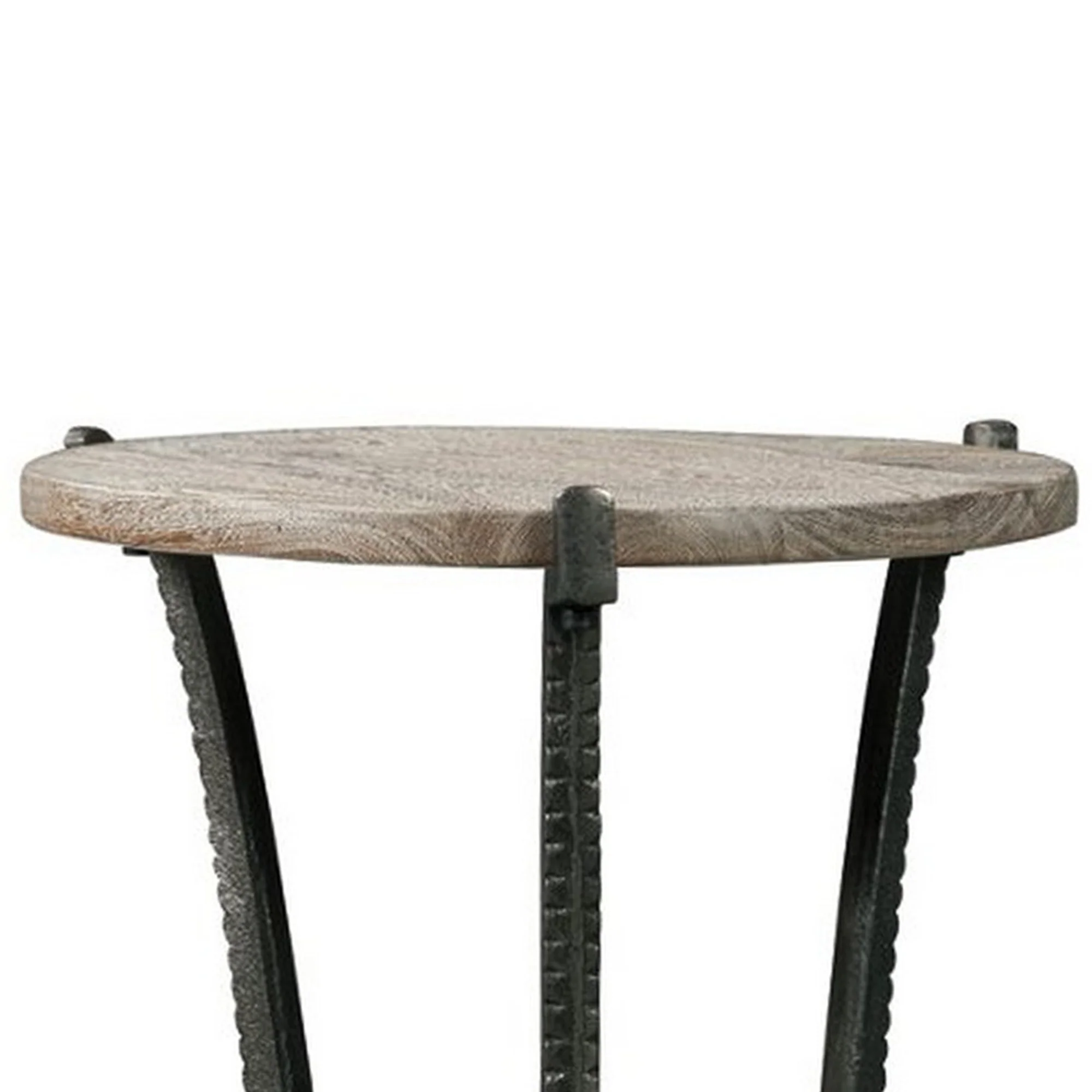 Round Wooden Top Accent Table With Flared Metal Legs Brown And Gray By Benzara - Image 4