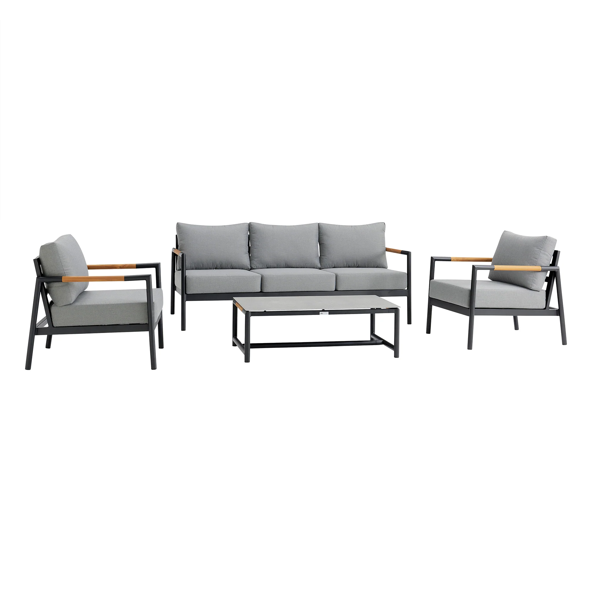 Royal 4 Piece Black Aluminum and Teak Outdoor Seating Set with Dark Gray Cushions By Armen Living - Image 2