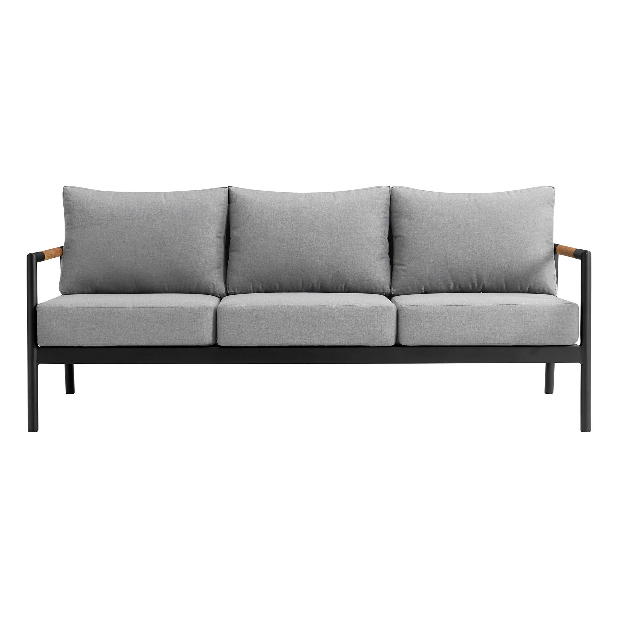 Royal 4 Piece Black Aluminum and Teak Outdoor Seating Set with Dark Gray Cushions By Armen Living - Image 3