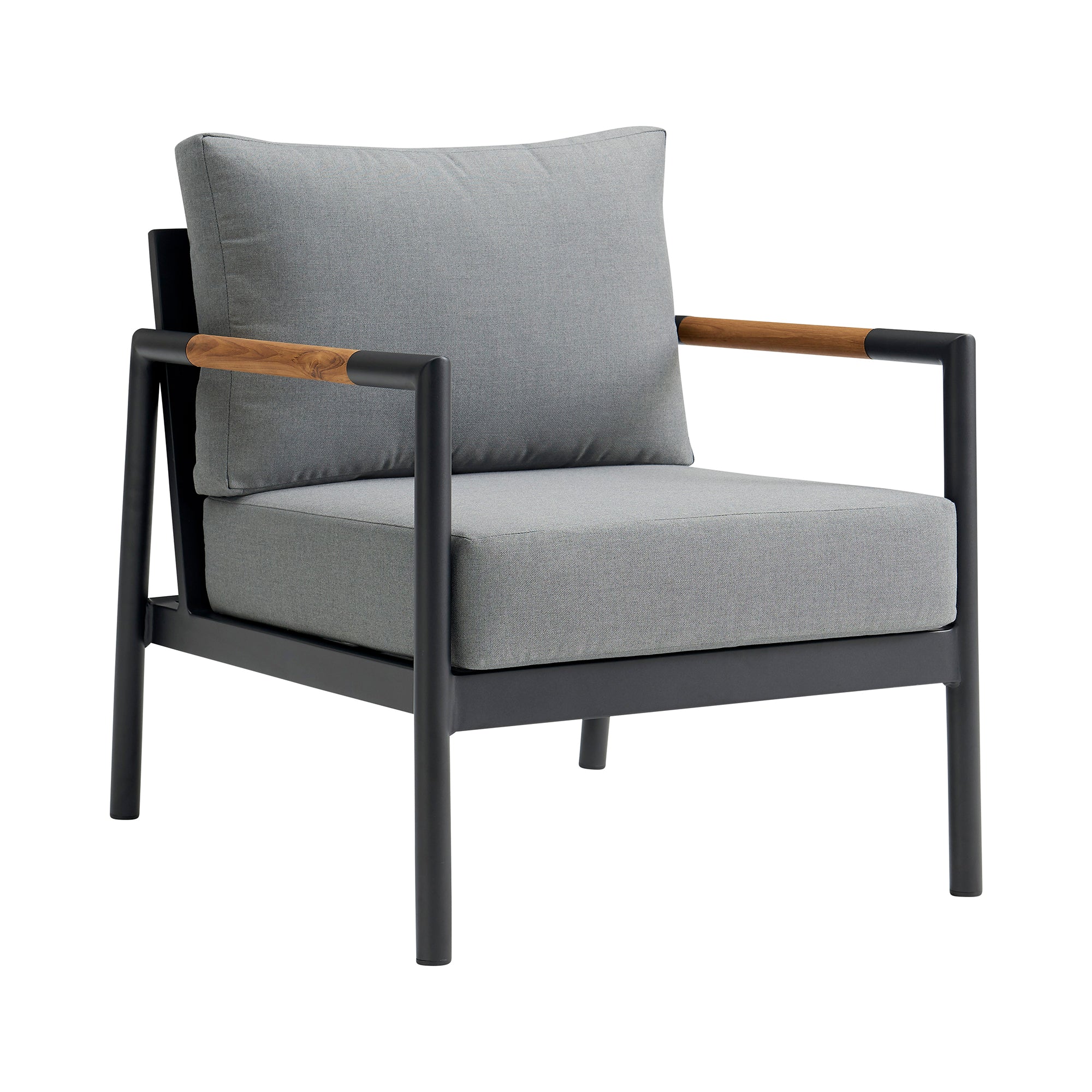 Royal 4 Piece Black Aluminum and Teak Outdoor Seating Set with Dark Gray Cushions By Armen Living - Image 5