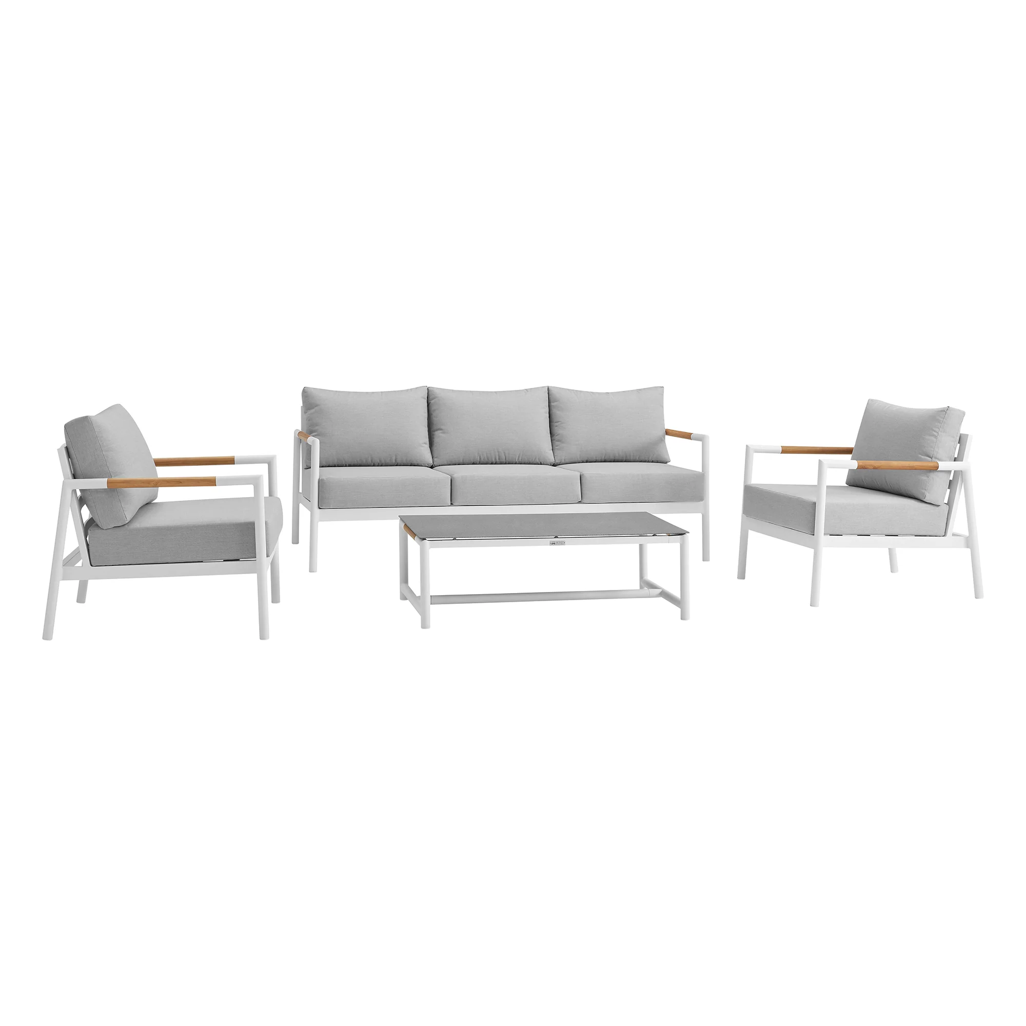 Royal 4 Piece White Aluminum and Teak Outdoor Seating Set with Light Gray Cushions By Armen Living - Image 2