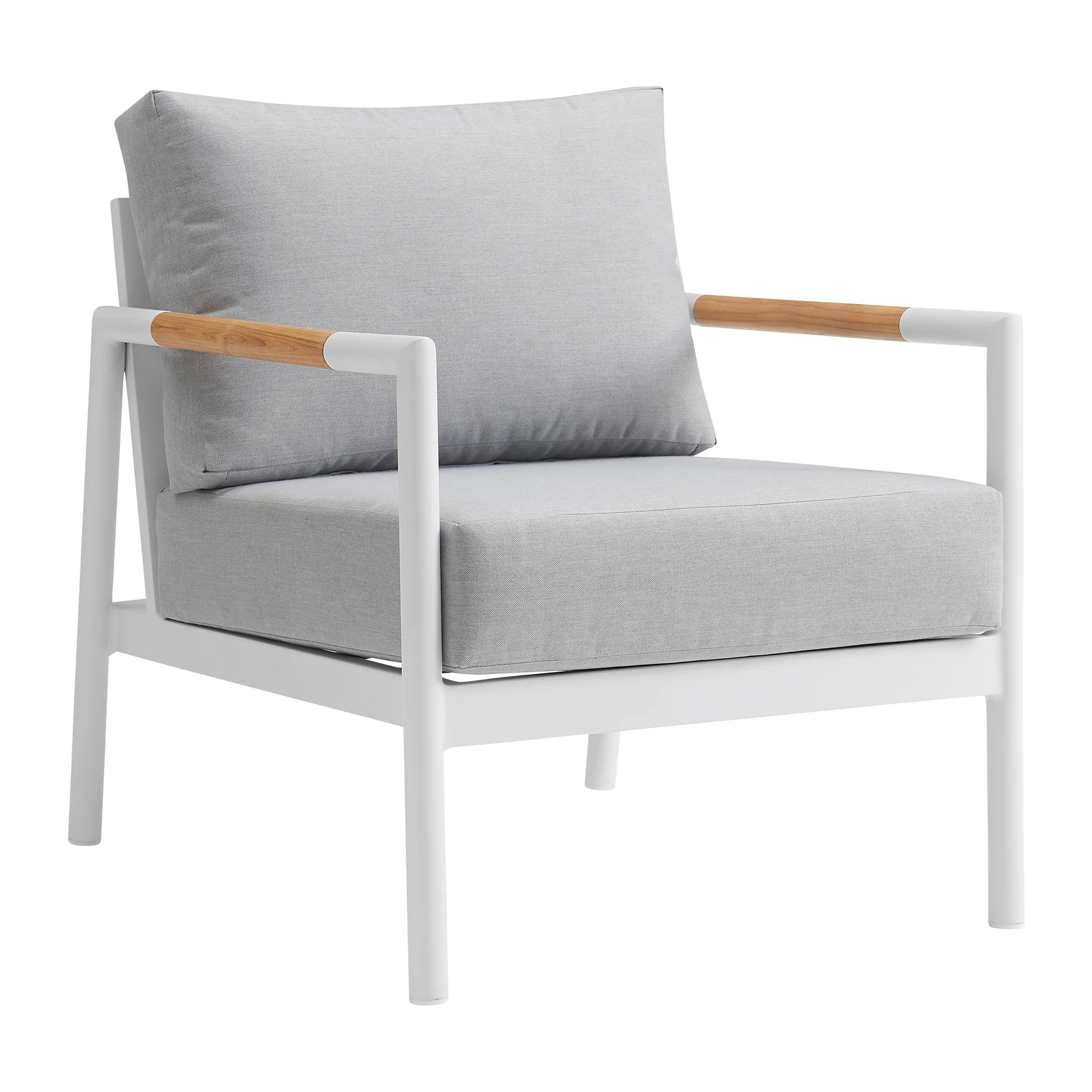 Royal 4 Piece White Aluminum and Teak Outdoor Seating Set with Light Gray Cushions By Armen Living - Image 5