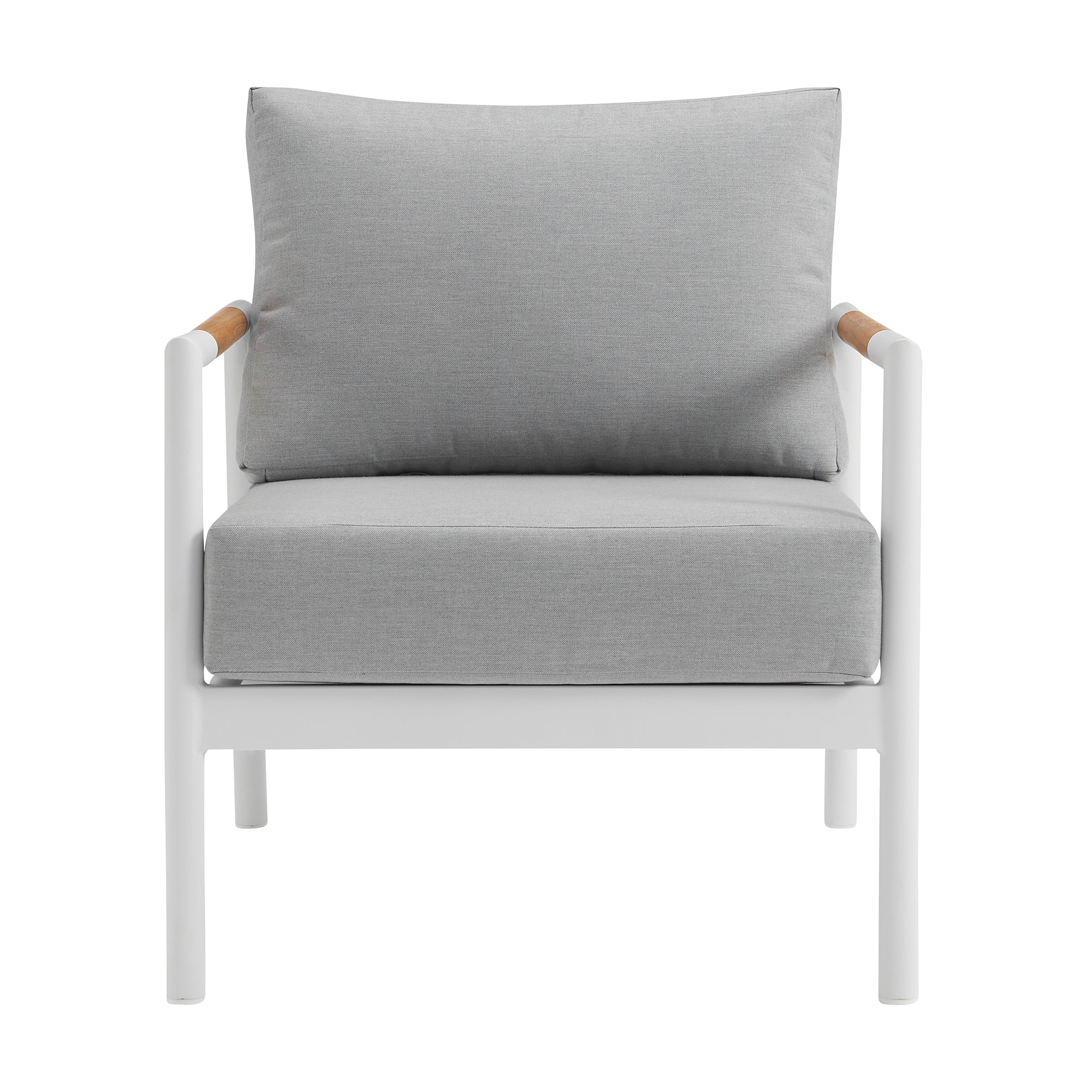 Royal 4 Piece White Aluminum and Teak Outdoor Seating Set with Light Gray Cushions By Armen Living - Image 6