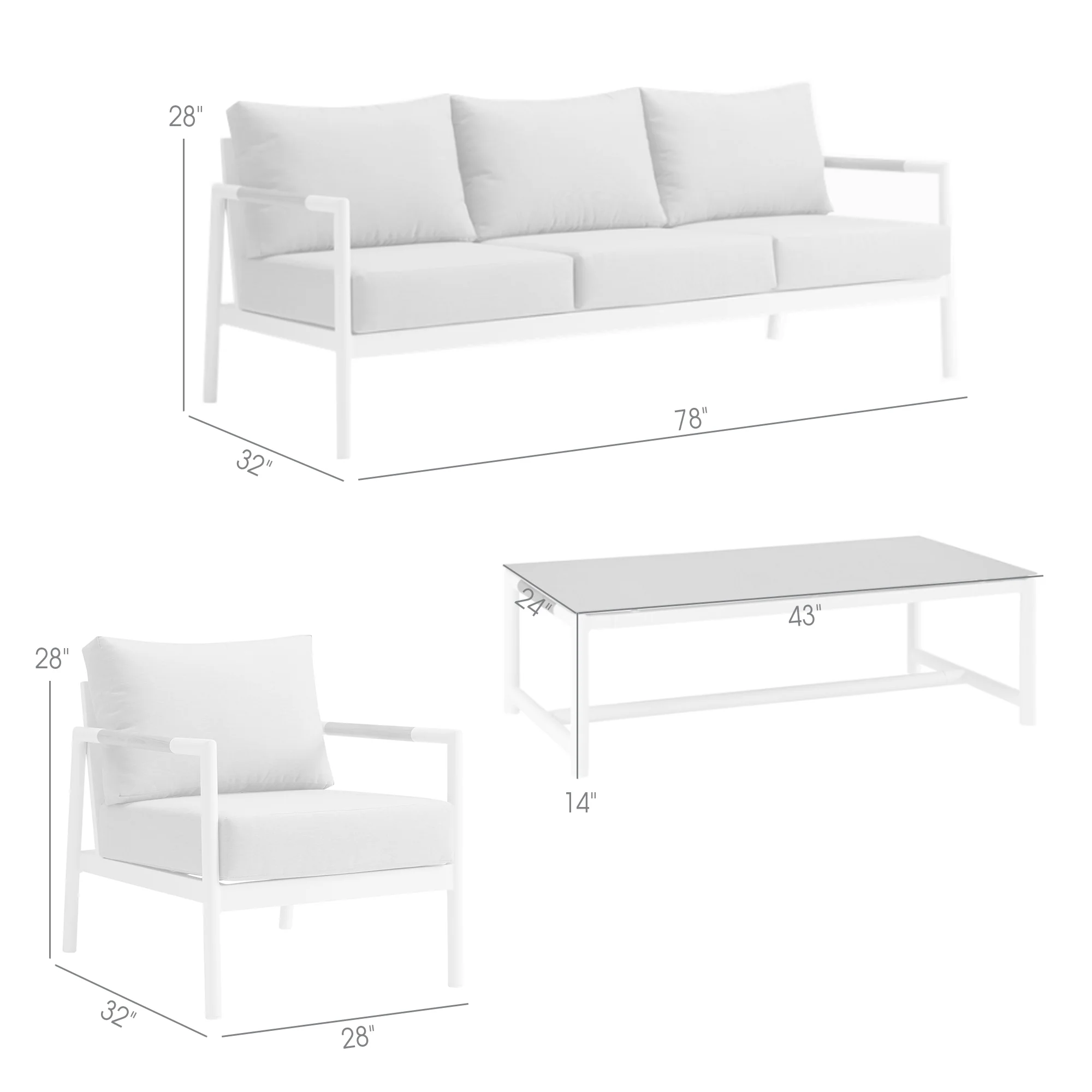 Royal 4 Piece White Aluminum and Teak Outdoor Seating Set with Light Gray Cushions By Armen Living - Image 8