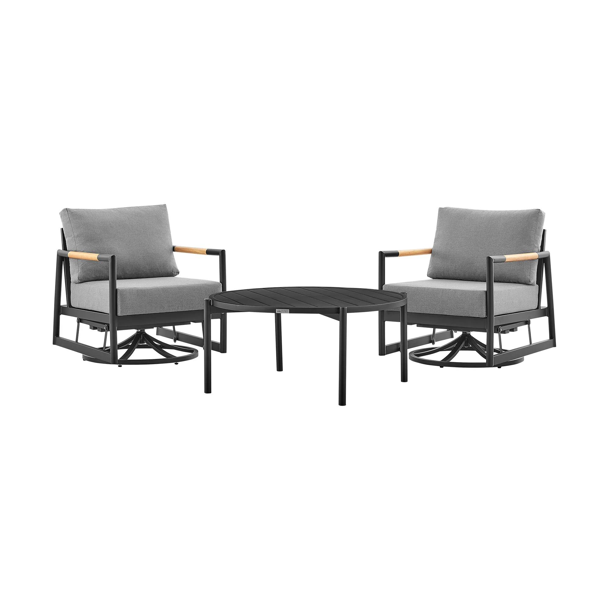Royal and Tiffany 3 Piece Outdoor Patio Swivel Seating Set in Black Aluminum with Teak Wood and Grey Cushions By Armen Living - Image 2