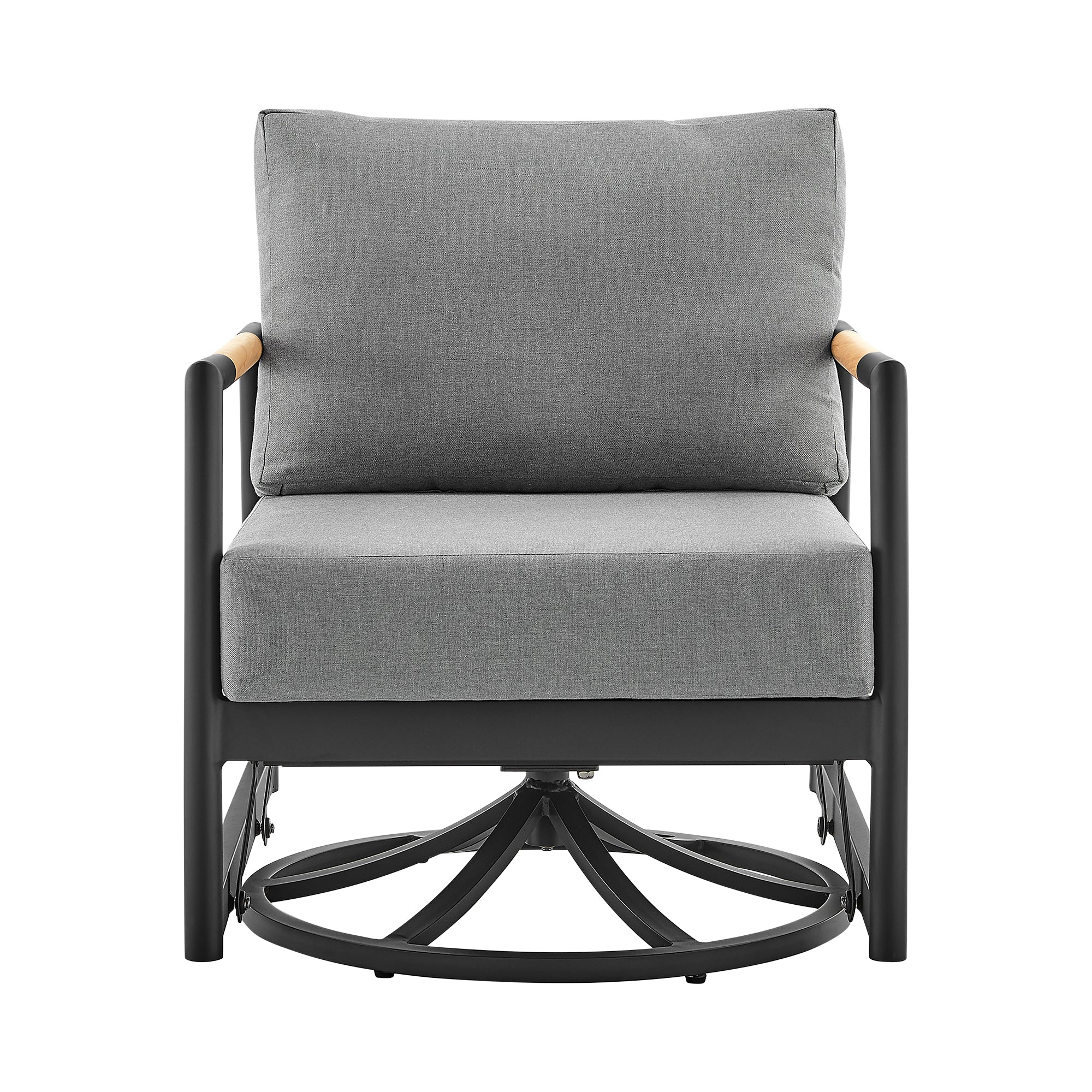 Royal and Tiffany 3 Piece Outdoor Patio Swivel Seating Set in Black Aluminum with Teak Wood and Grey Cushions By Armen Living - Image 4