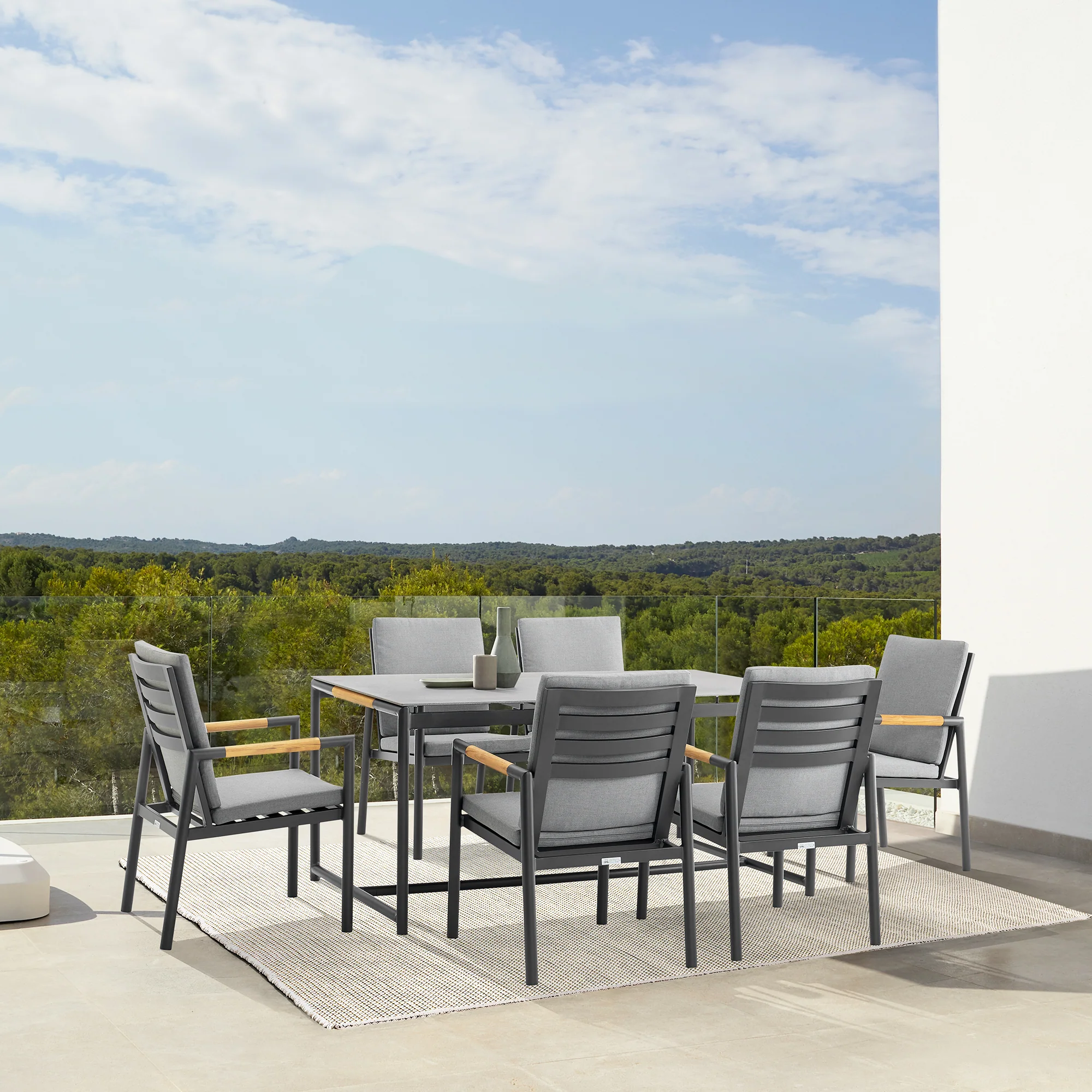 Royal Black Aluminum and Teak Outdoor Dining Table with Stone Top By Armen Living - Image 3