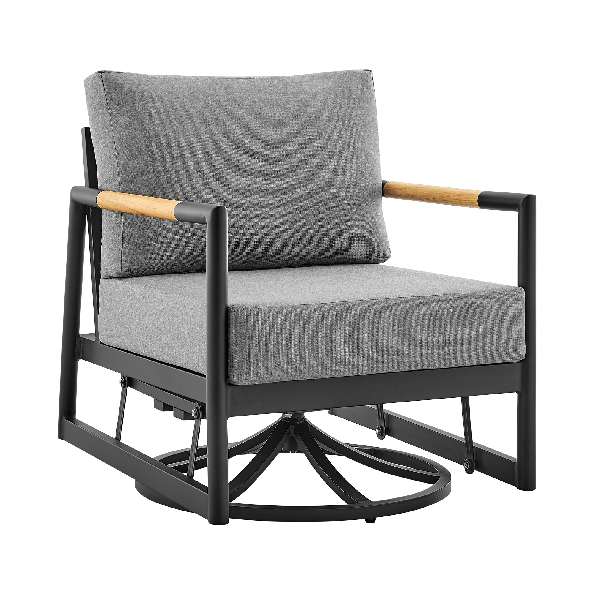 Royal Outdoor Patio Swivel Glider Lounge Chair in Black Aluminum and Teak Wood with Cushions By Armen Living - Image 2
