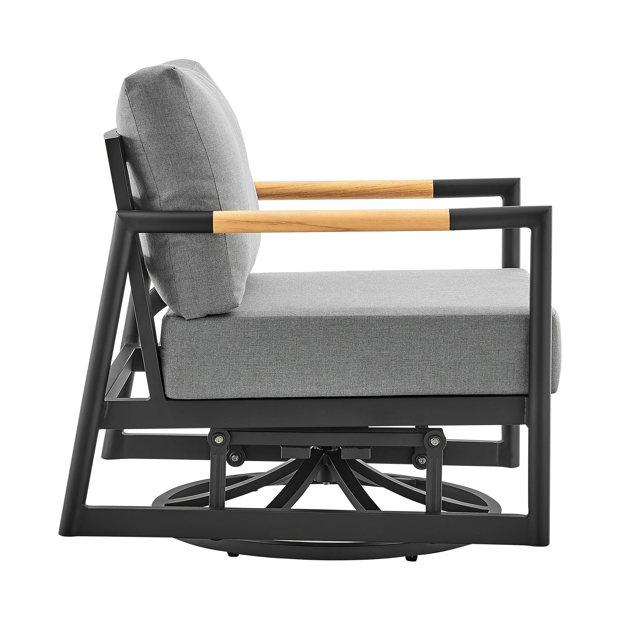Royal Outdoor Patio Swivel Glider Lounge Chair in Black Aluminum and Teak Wood with Cushions By Armen Living - Image 4