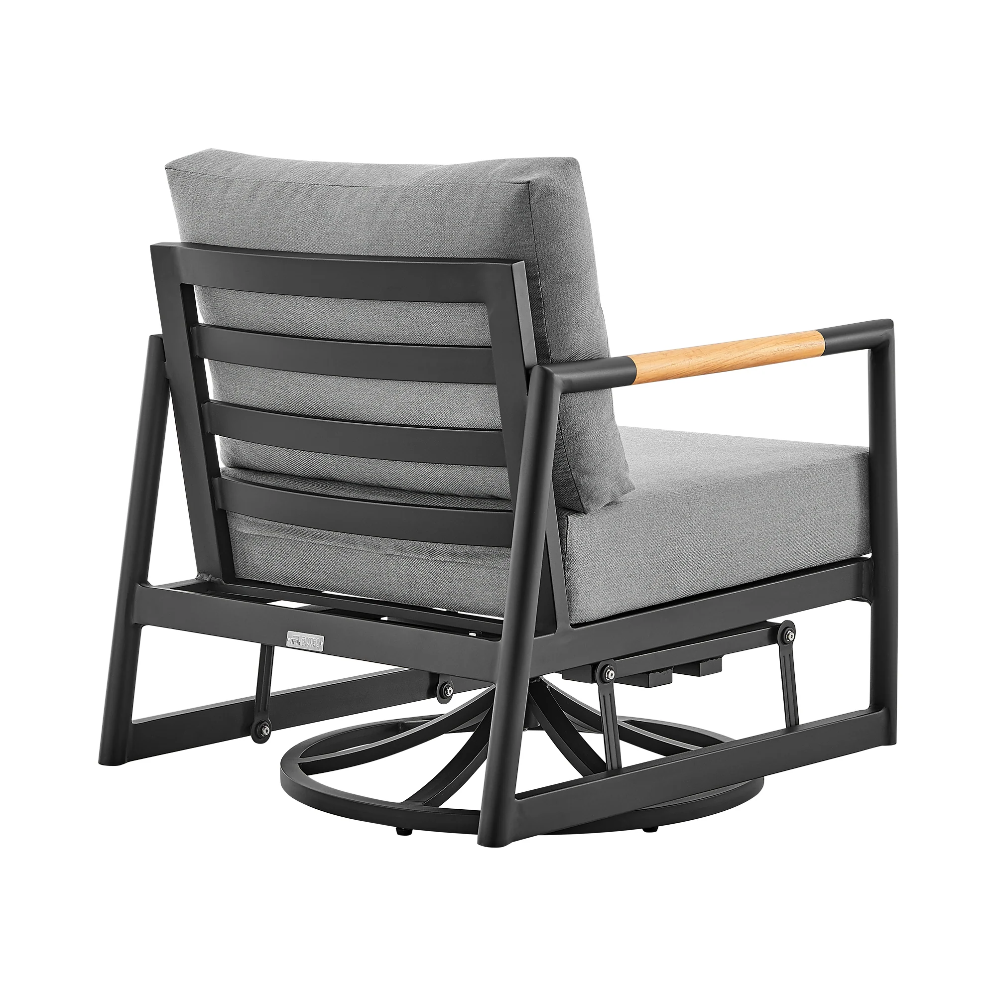 Royal Outdoor Patio Swivel Glider Lounge Chair in Black Aluminum and Teak Wood with Cushions By Armen Living - Image 5