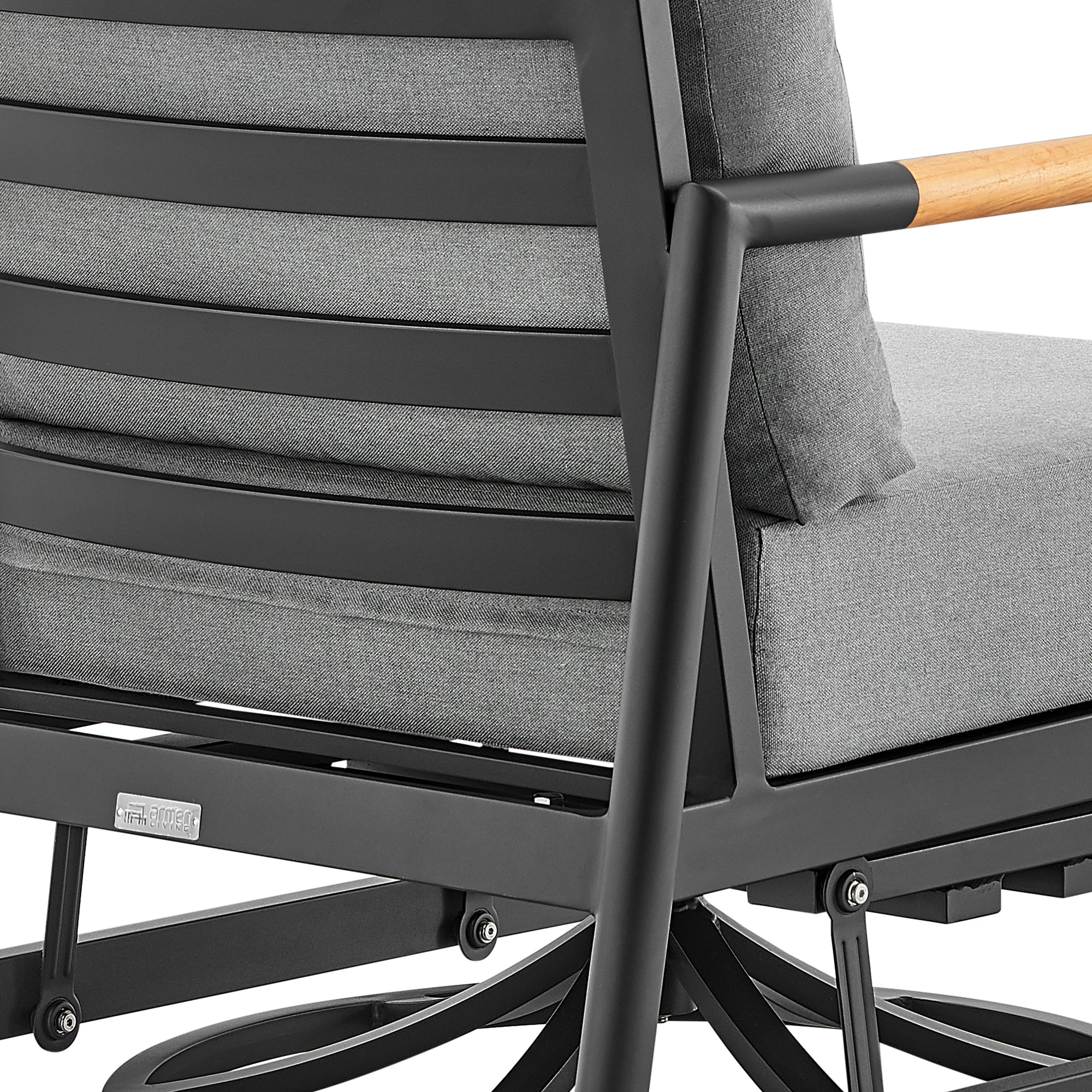Royal Outdoor Patio Swivel Glider Lounge Chair in Black Aluminum and Teak Wood with Cushions By Armen Living - Image 7