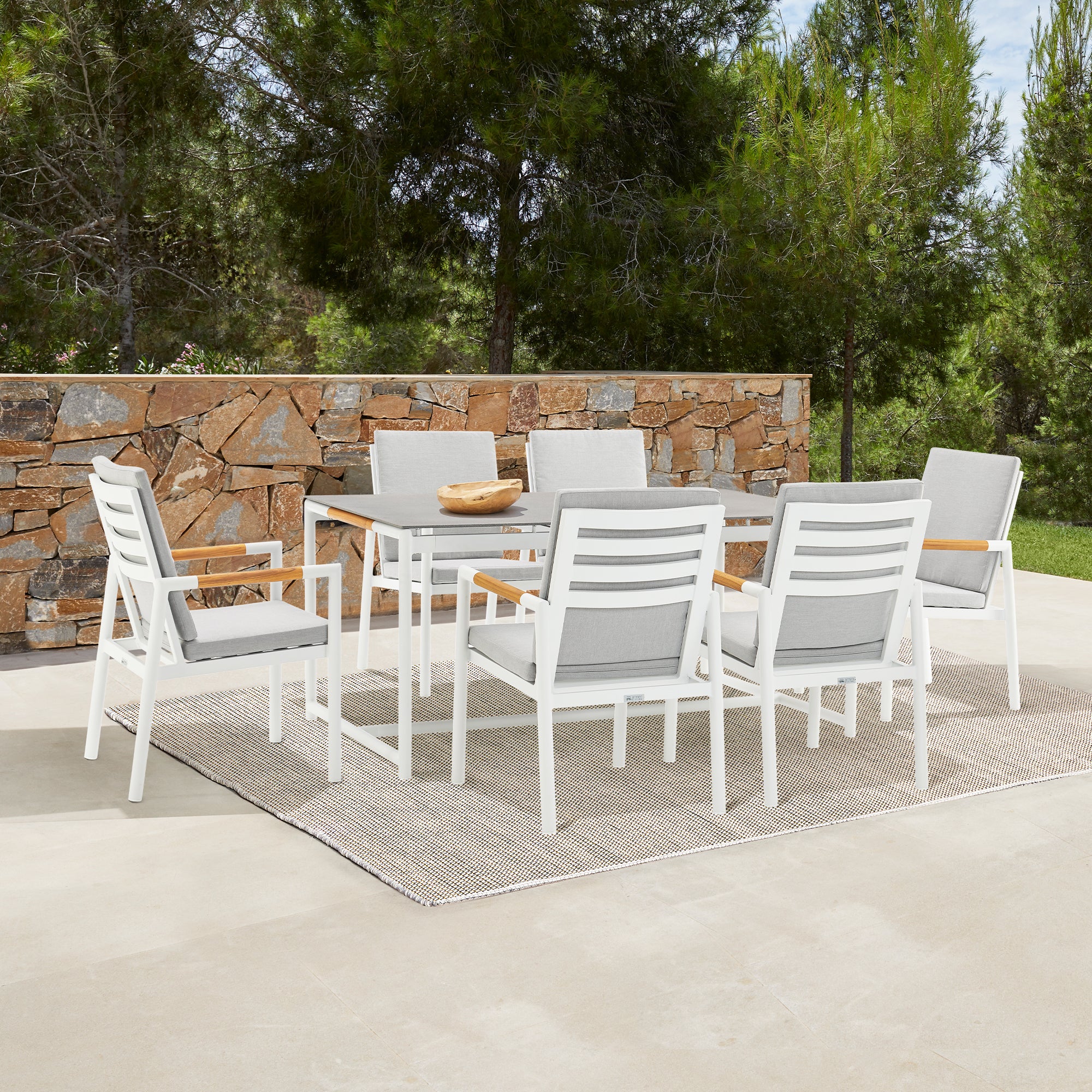 Royal White Aluminum and Teak Outdoor Dining Chair with Light Gray Fabric - Set of 2 By Armen Living - Image 3