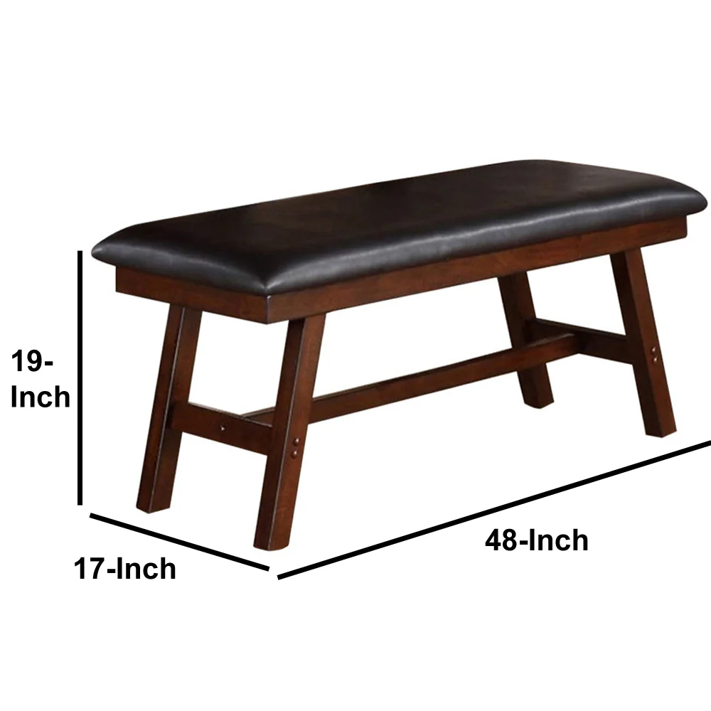 Rubber Wood Bench With Faux Leather Upholstery Large Brown By Benzara - Image 2