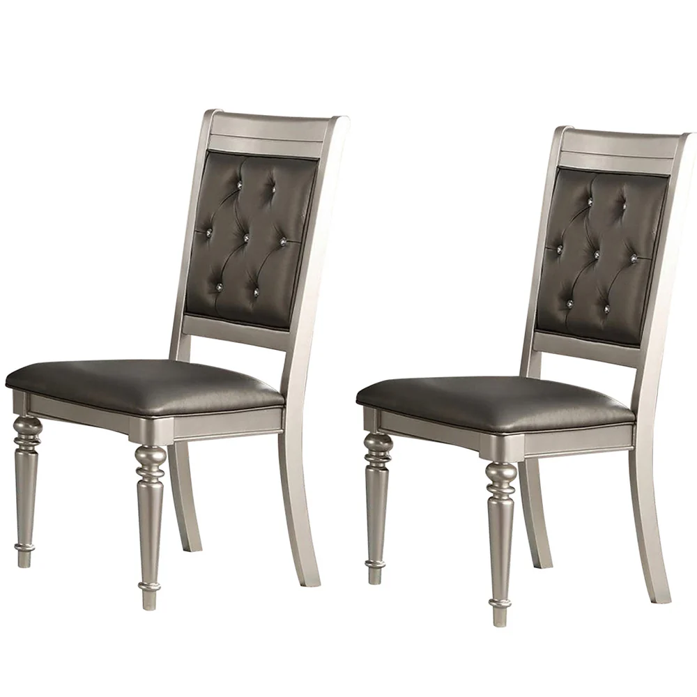 Rubber Wood Dining Chair With Diamond Tufted Back, Set Of 2,Gray By Benzara - Image 5