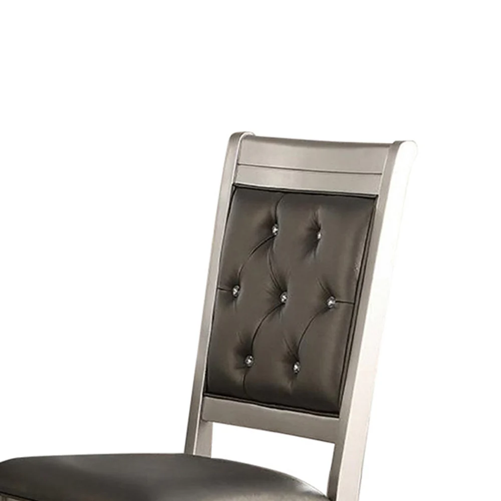 Rubber Wood Dining Chair With Diamond Tufted Back, Set Of 2,Gray By Benzara - Image 6